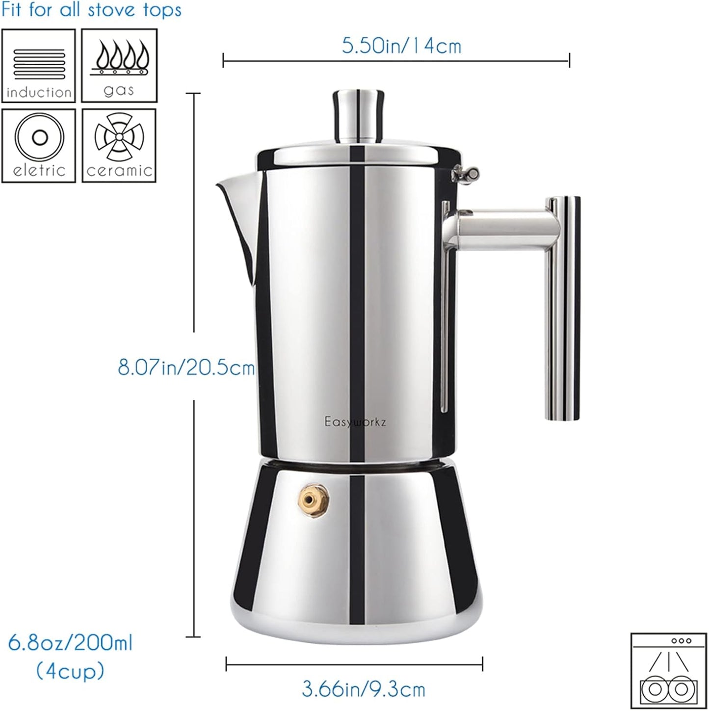 Easyworkz Diego Stovetop Espresso Maker Stainless Steel Italian Coffee Machine Maker 4Cup 6.8 oz Induction Moka Pot
