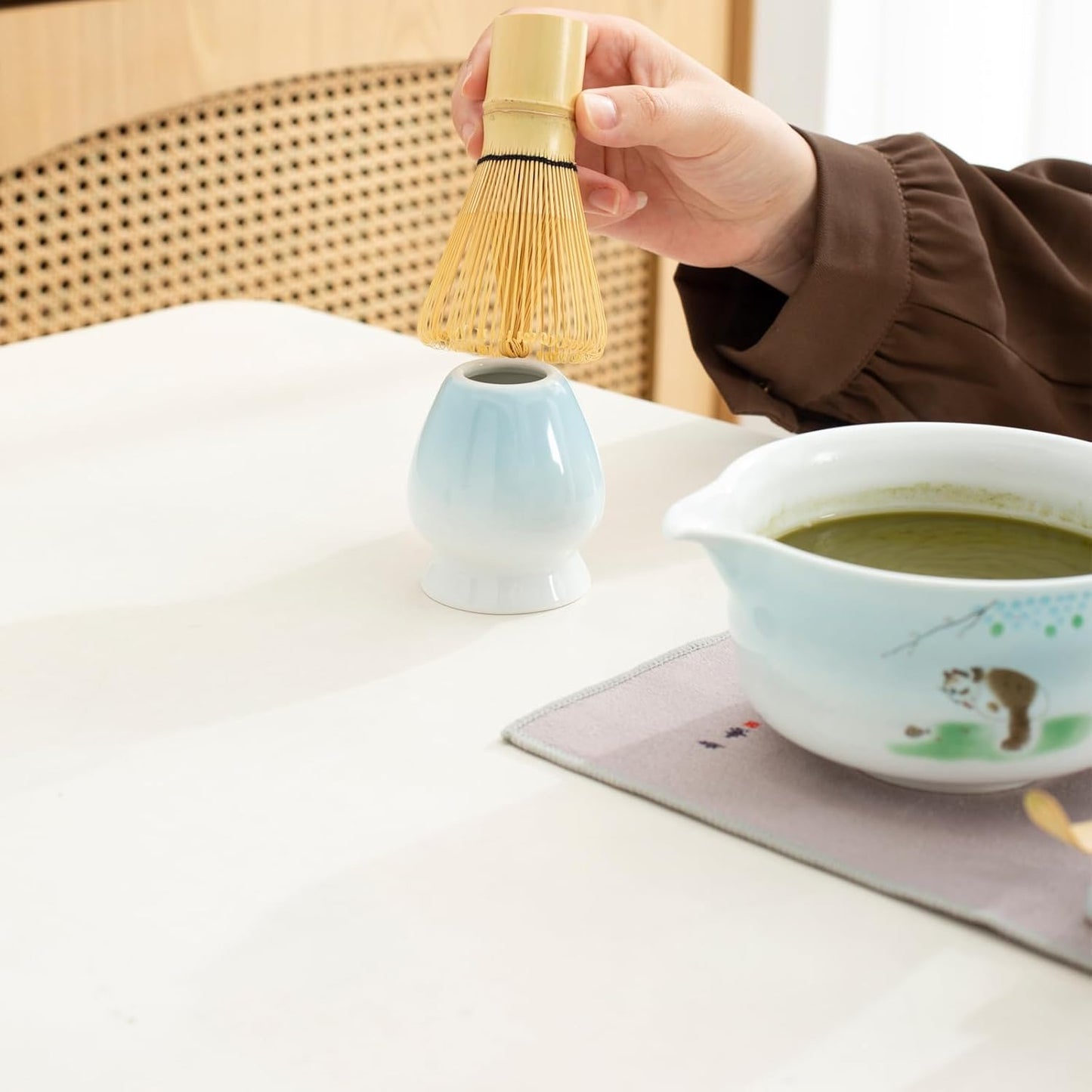 Matcha whisk and bowl set, ceramic matcha bowl with spout, matcha tea set for breakfast, matcha latte, perfect matcha set for ceremony 7 piece set (blue)