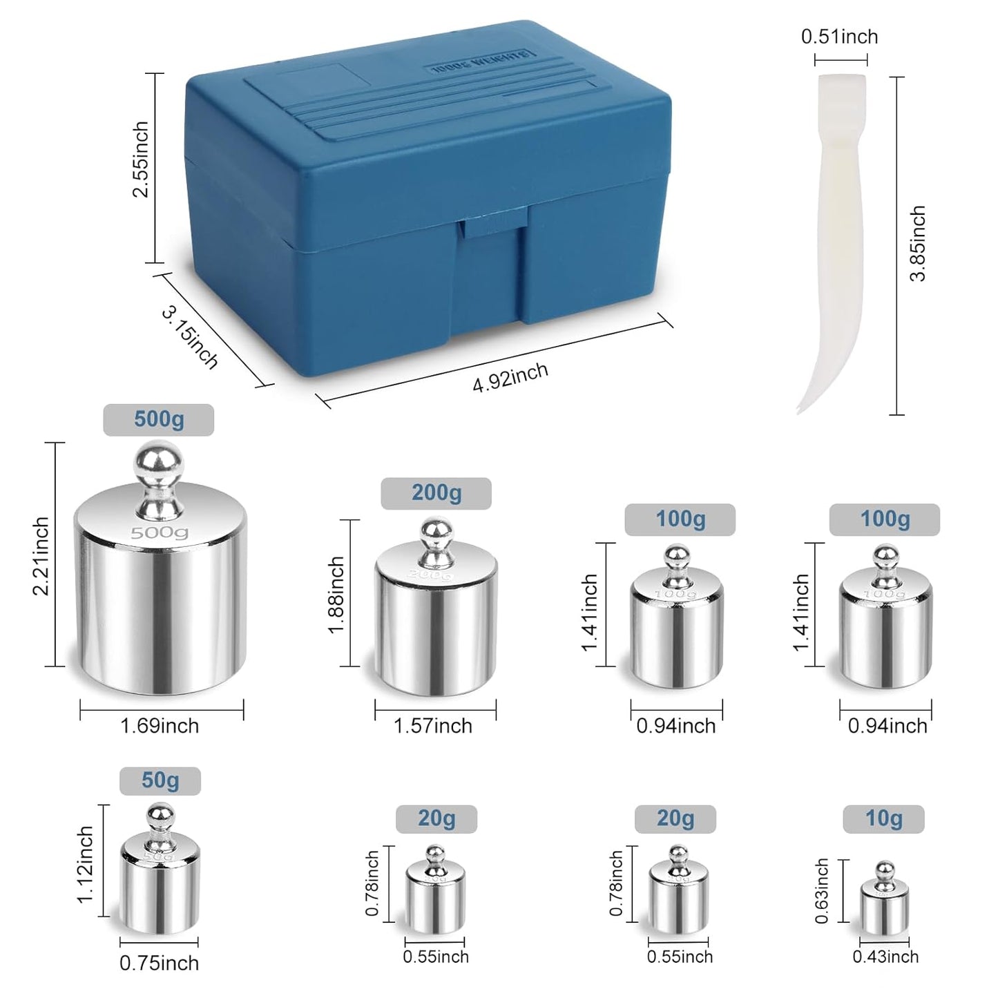 QP Calibration Weights 1000g, 8PCS OIML Class M1 High Precision Scale Calibration Weight Set, 10g 20g 50g 100g 200g 500g Calibration Weight with Tweezers for Digital Scale, Gram Scale, Lab Scale