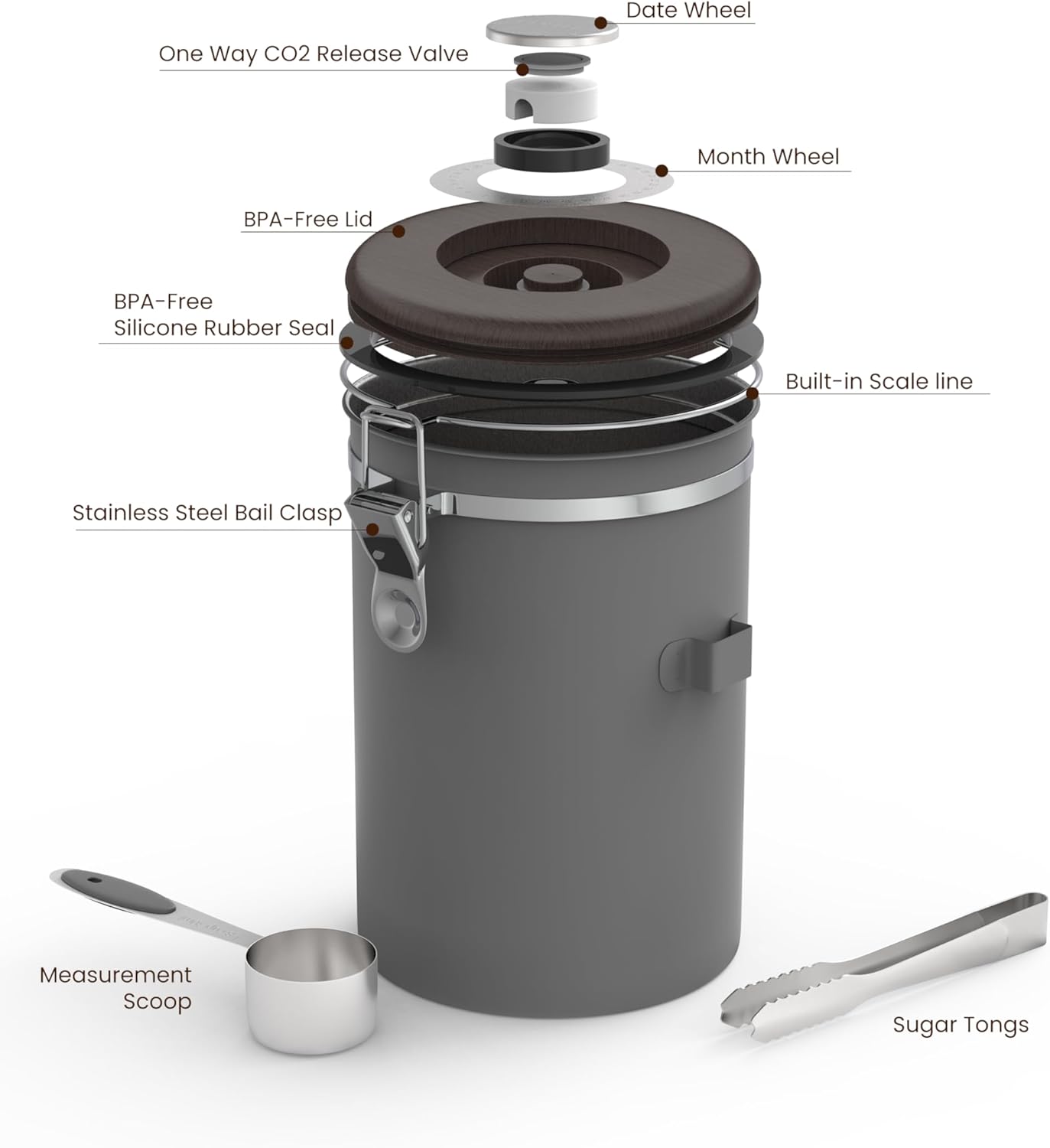 HAIOOU Airtight Coffee Canister Wood Grain [New Version], 22OZ Large Stainless Steel Coffee Bean Storage Container with Date Tracker, Measuring Scoop, CO2 Releasing Valves - Walnut and Gray