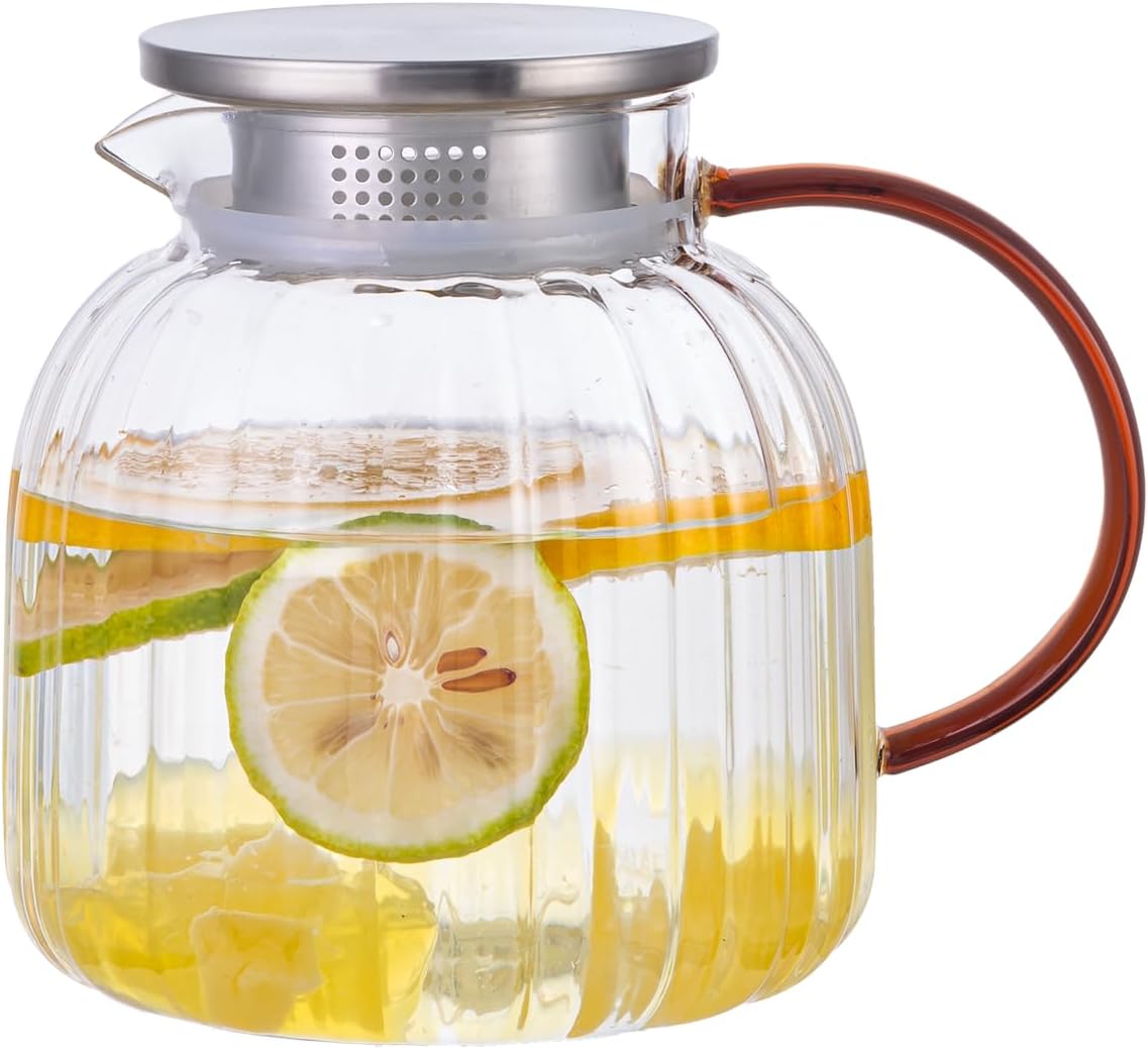 Glass Pitcher,46.7 oz/1380 ml,Hand Blown Glass Water Pitcher with Lid for Juice,Coffee, Tea, Milk, Hot Water and Iced tea,Father's Day Gifts