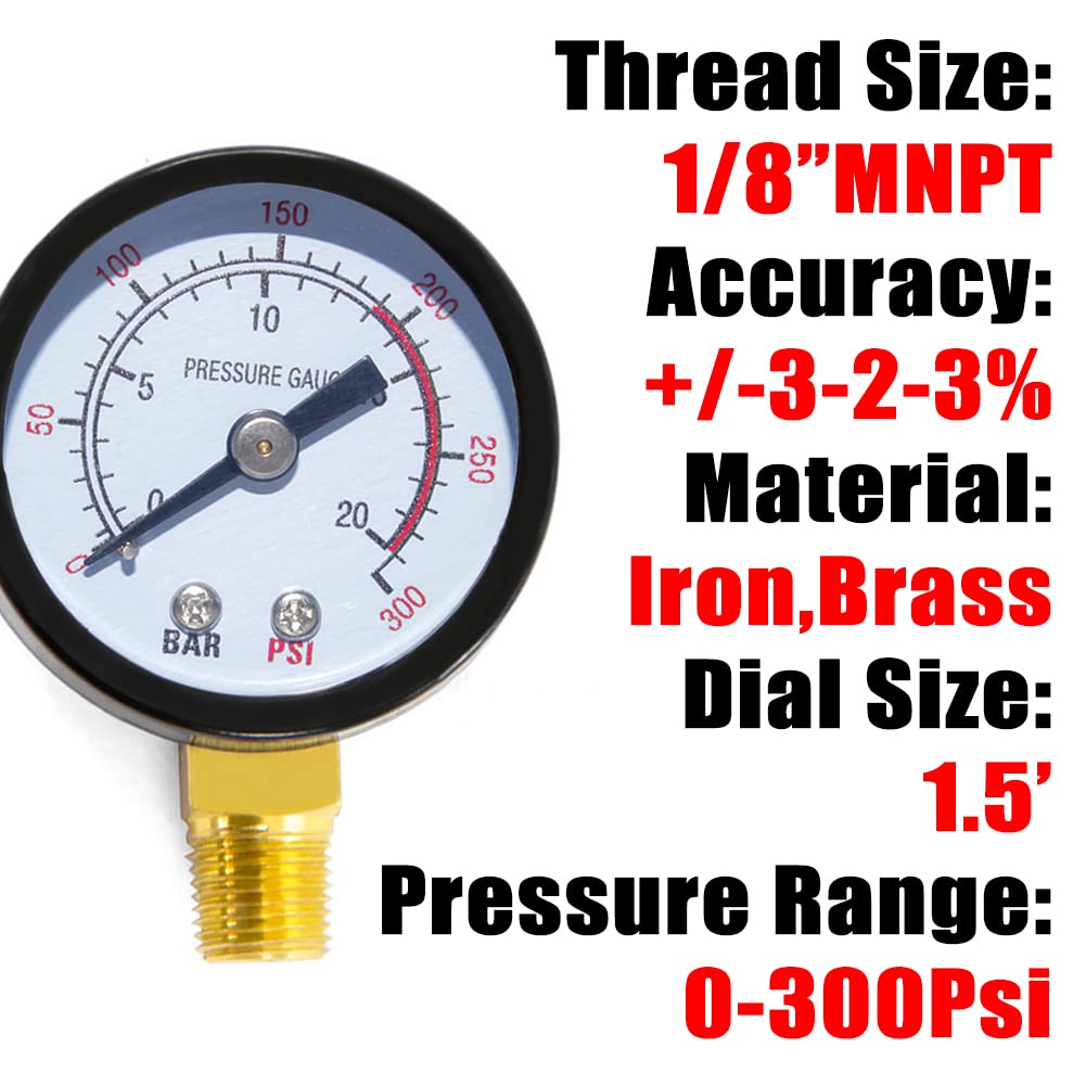 1/8" NPT 300Psi Steel Economical All Purpose Pressure Gauge with Brass Internals 1.5" Dial Display Bottom Mount