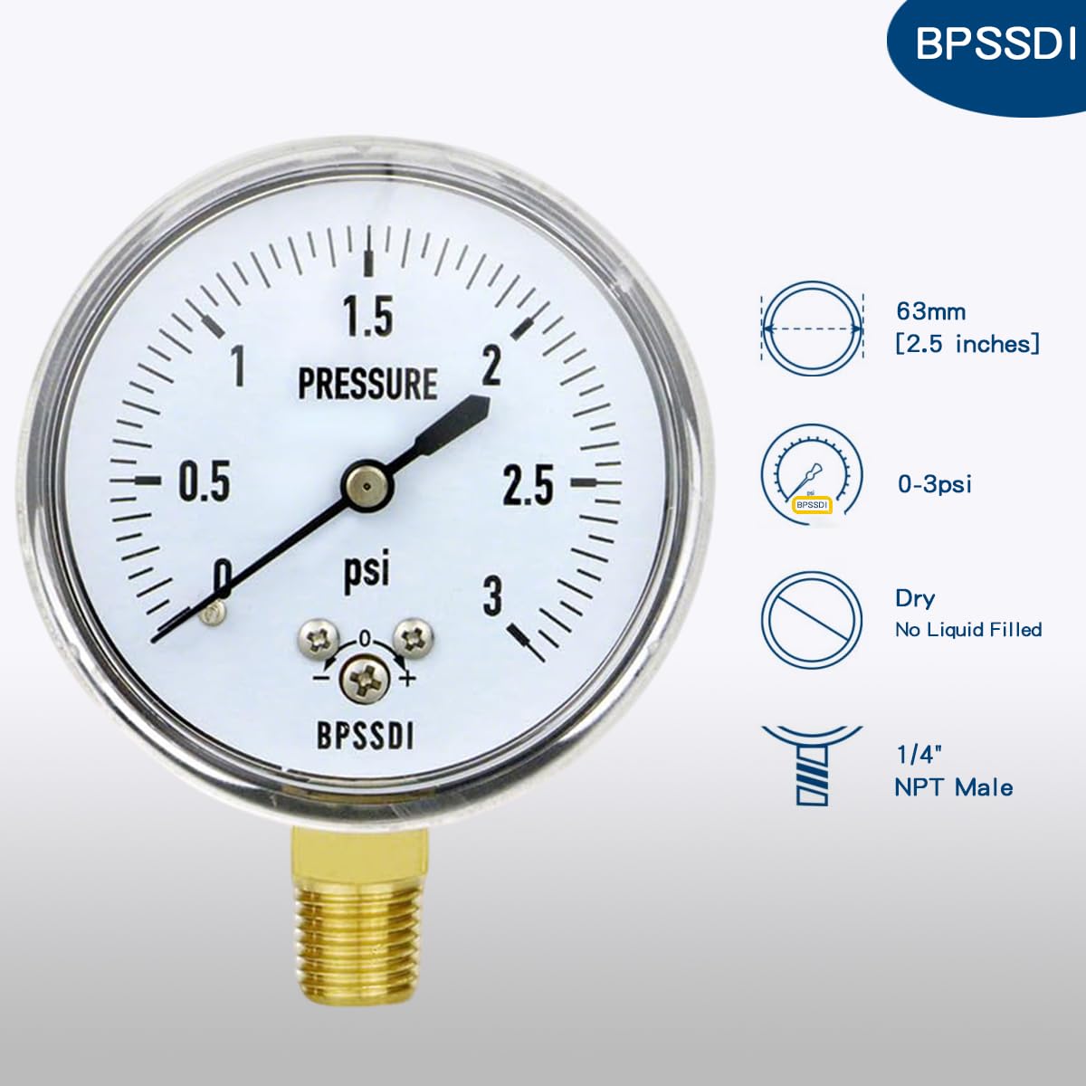 0-3 Psi Low Pressure Gauge, Capsule Gauge, 304 Stainless Steel Case, 2.5" Dial Size, 1/4" NPT Lower Mount, Zero Adjustment, for Air Water Gas Pressure Test