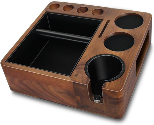 Espresso tamping station and knock box,Wooden portafilter holder,Espresso organizer station box,Tamping station fit for storage 51/54/58mm coffee accessories,Multifunctional espresso station