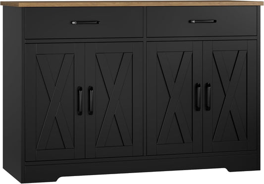 HOSTACK Buffet Cabinet with Storage, 47.2" Kitchen Sideboard Buffet with Drawers, Modern Farmhouse Coffee Bar Station with Shelves, Barn Doors Storage Cabinet for Living Room, Black/Rustic Brown
