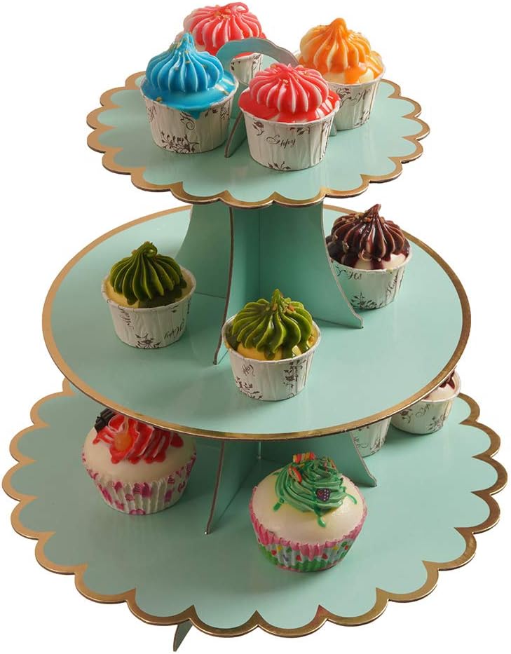 3-Tier Cupcake Stand, Lace Trim Cake Stand holder, Tiered DIY Cupcake Stand Tower for Dessert Table Displays, Birthday Theme Party Favors Decoration, Floral Tea Party, 12"W x 12.8"H, Mint Green