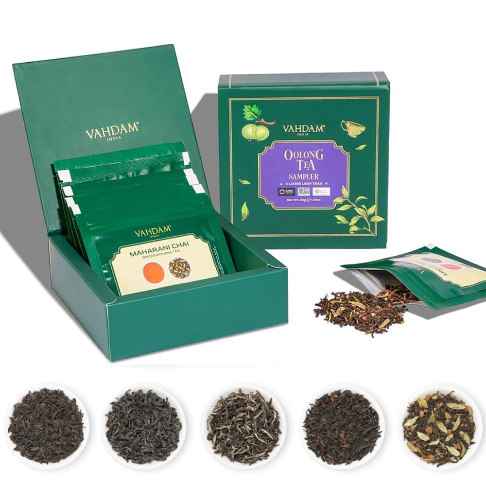 VAHDAM Assorted Oolong Tea Sampler Gift Set (5 Flavors) – Gluten-Free, Non-GMO | 5 Unblended Loose Leaf Teas | Tea Variety Pack | Gift for Women & Men