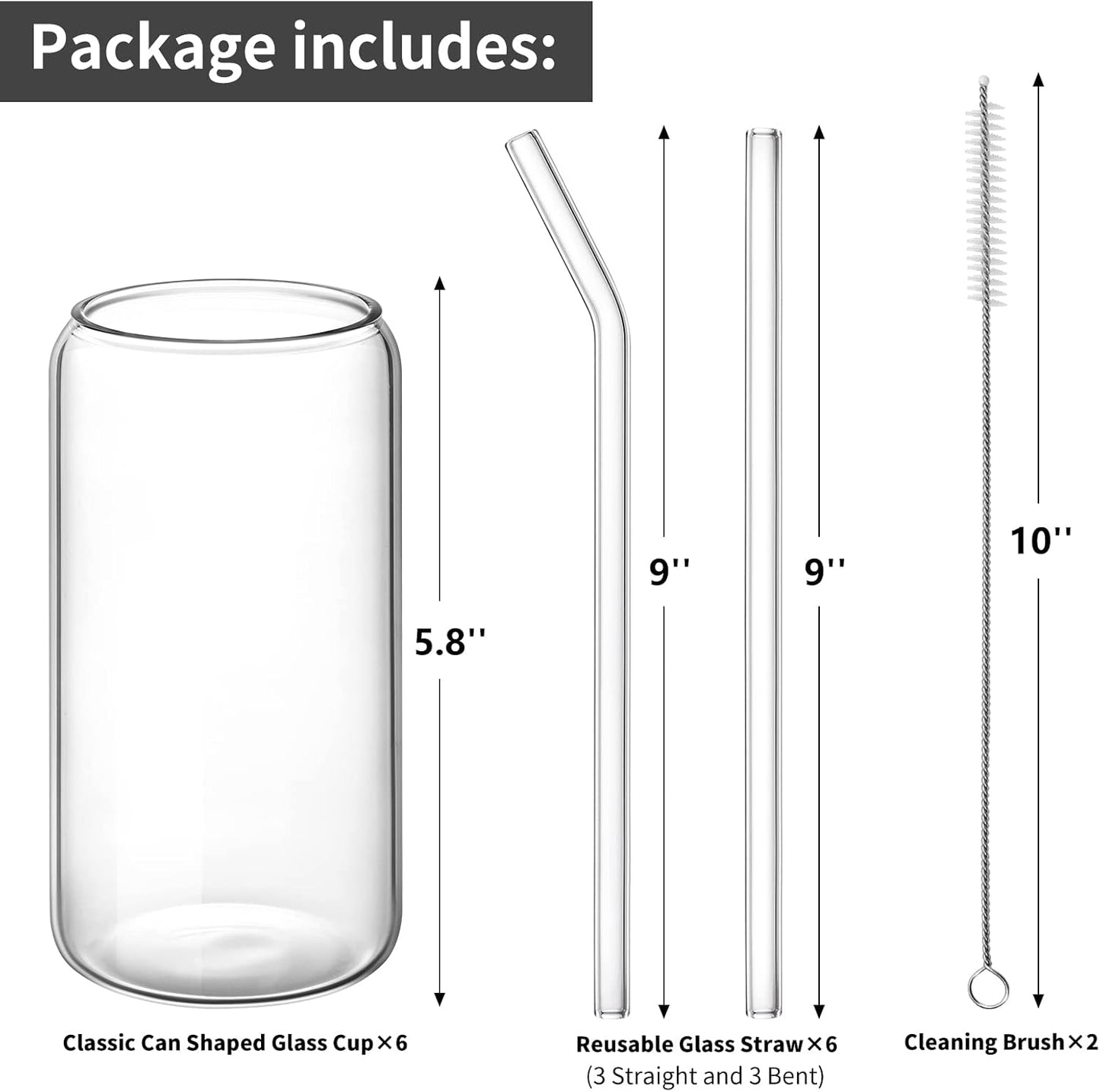 Glass Cups with Straw 6 Set, 16oz Beer Glasses, Glass Coffee Cups, Iced Coffee Glasses, Glass Tumbler for Whiskey, Soda, Tea (6 PACK)