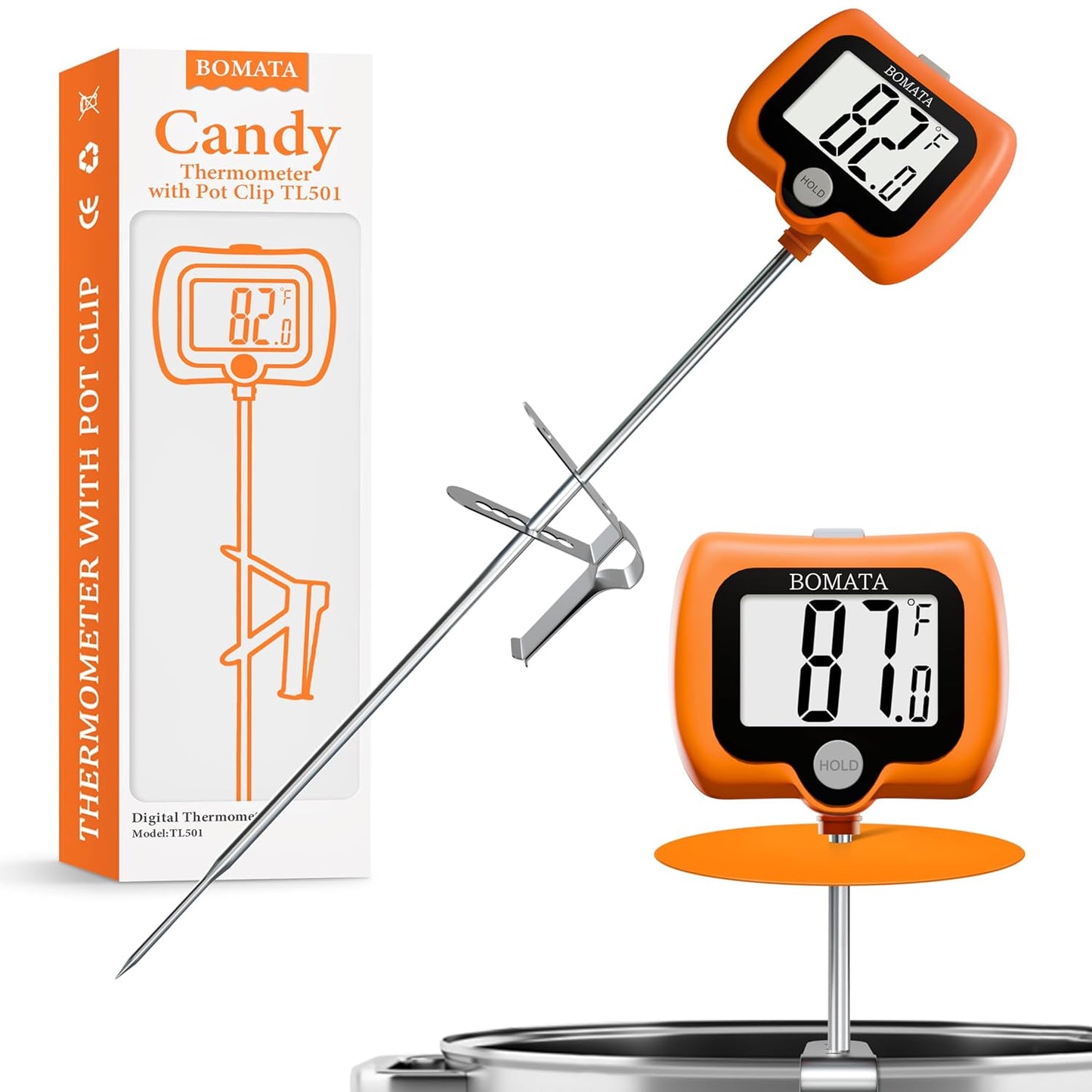 BOMATA Candy Thermometer with Pot Clip, Instant Read Cooking Thermometer with 8" Long Probe, Rotating Display, for Candy Making, Food, Candle Making, Liquids, Water, Baking, Sugar, Grilling. Orange