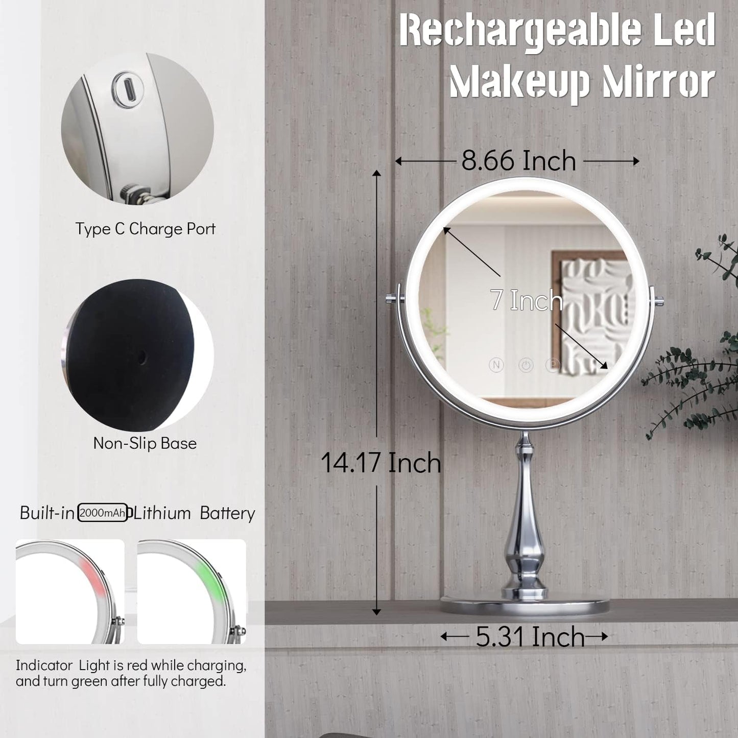 9" Large Lighted Makeup Mirror, 1X/10X Magnifying Vanity Mirror with 3 Colors Dimmable Lightning, 80 LED Lights, 360°Rotation Double Sided Standing Desk Mirror