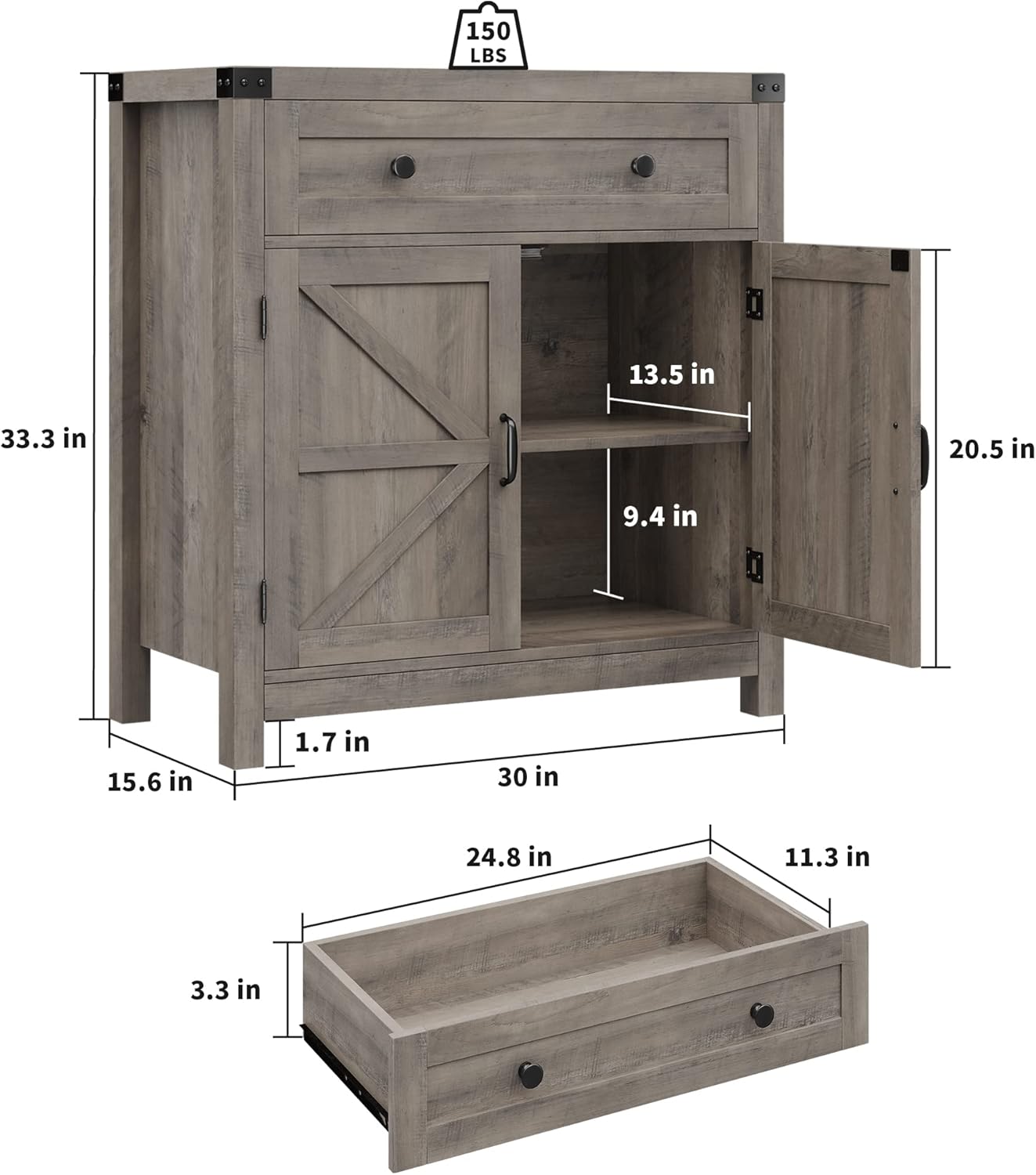 HOSTACK Coffee Bar Cabinet, Kitchen Storage Cabinet, Modern Farmhouse Buffet Sideboard with Drawer and Adjustable Shelf, Barn Door Accent Cabinets for Kitchen, Dining Room, Entryway, Ash Grey