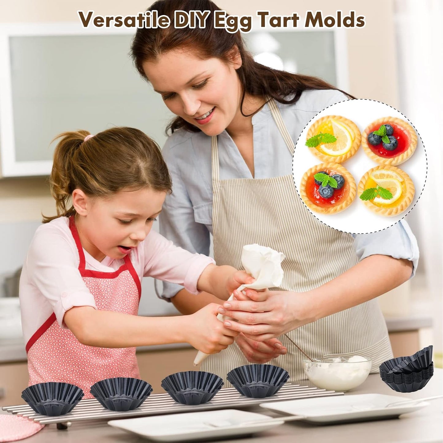 Egg Tart Molds, 12 PCS Non-Stick Very Mini Tart Pans, Mini Tart Mold 3 InchTop, 1.7 Inch Bottom, 0.9Inch High, Carbon Steel, Kitchen Reusable Baking Tools.