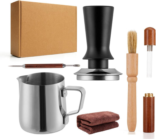 6pcs Espresso Tamper Set, Barista Tools Kit for Coffee Machine, Spring-Loaded 304 Stainless Steel Base 30lbs Coffee Calibrated Tamper kits for Enjoying cafes Home Office hotels(51mm)