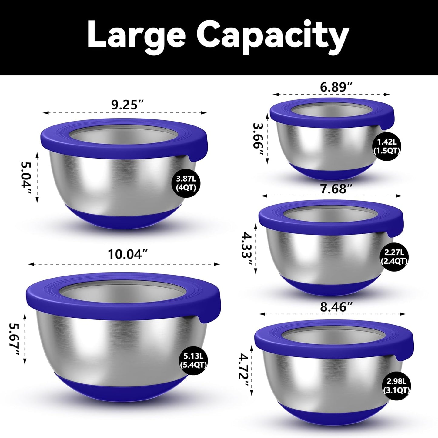 Stainless Steel Mixing Bowls with Lids – Set of 5 Large Nesting Metal Bowls for Kitchen, Baking, Cooking, Food Prep & Storage, Non-Slip Base, Dishwasher Safe,Blue