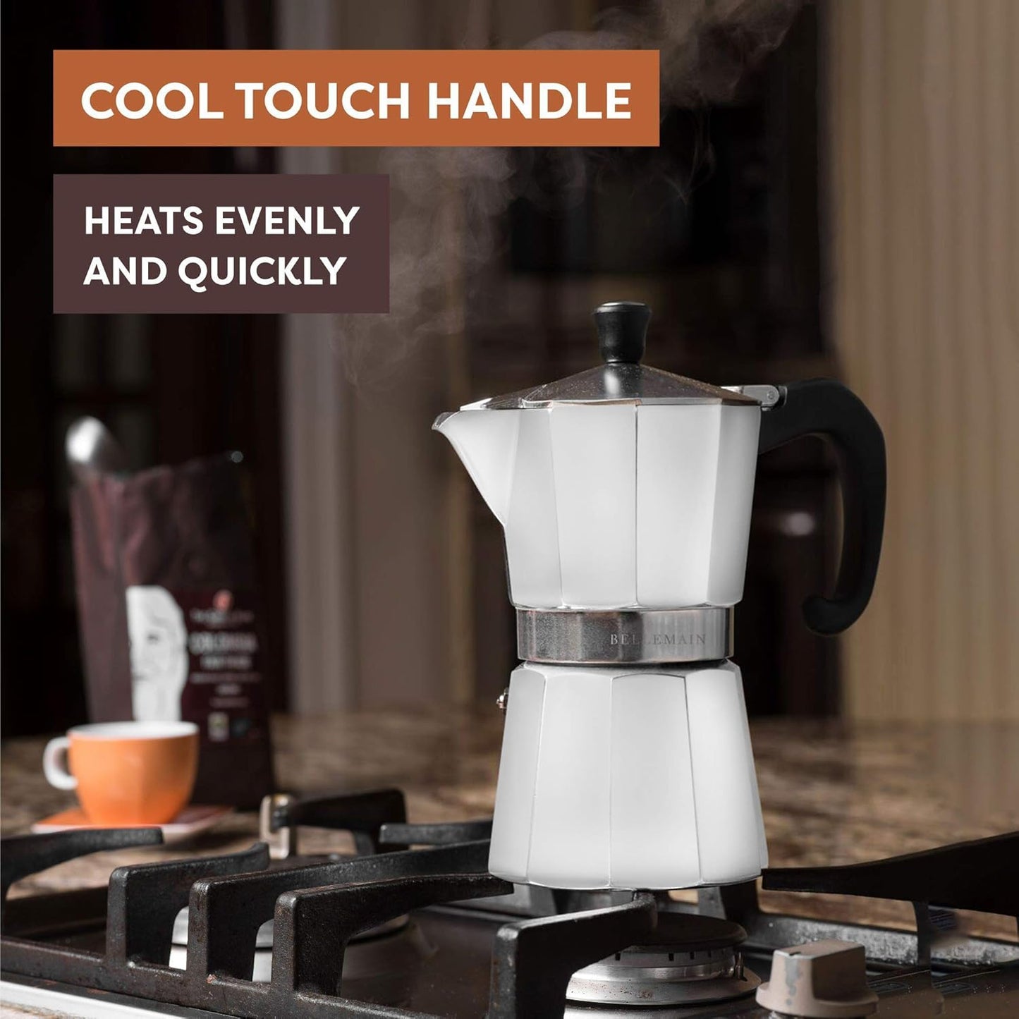 Bellemain Stovetop Espresso Maker | Italian Moka Pot Espresso Maker, Classic Aluminum Design Mocha Pot for Home Brewing & Camping | Easy to Use & Clean - 6-Cup, White