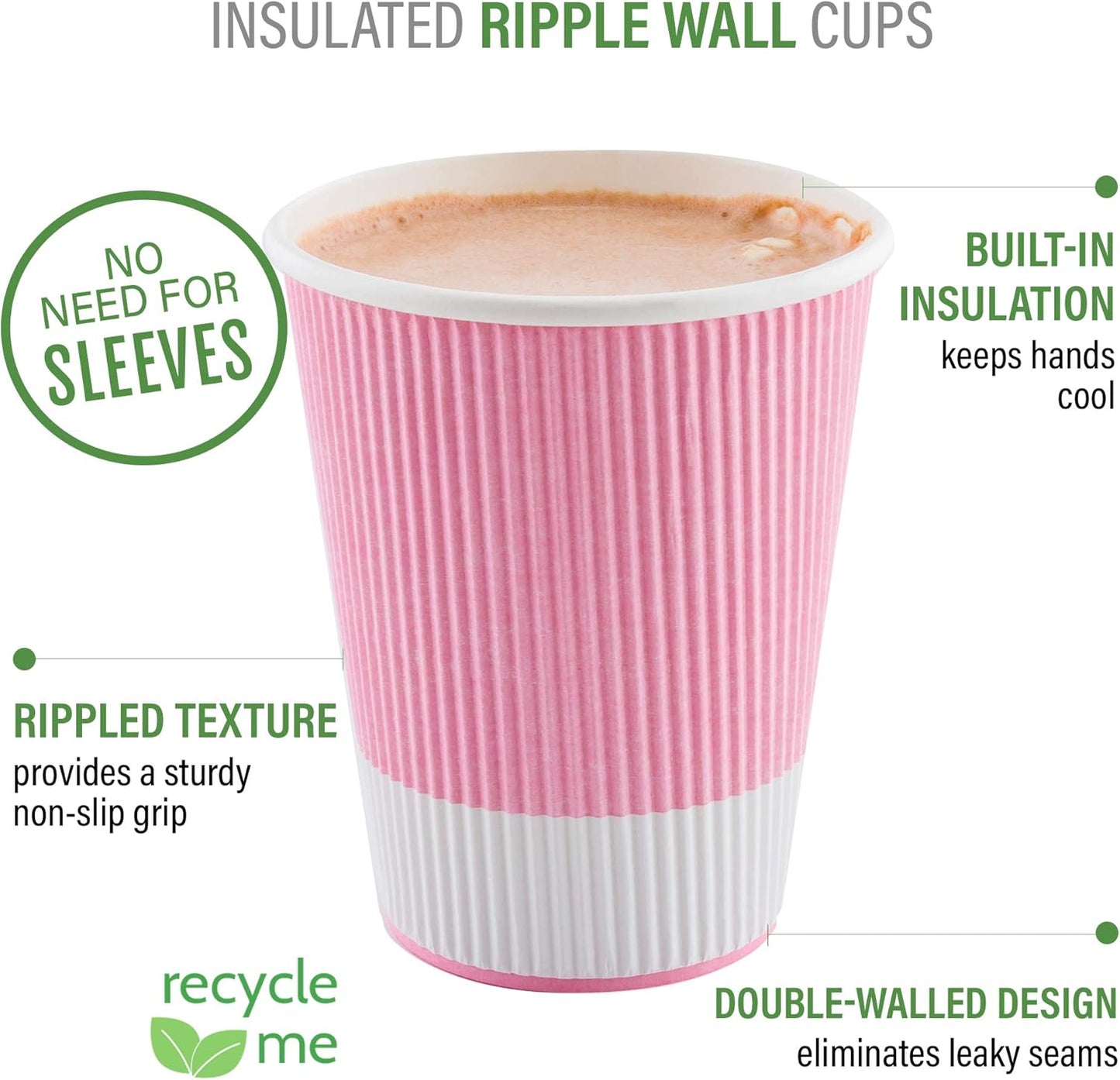 Restaurantware 8 Ounce Ripple Wall Paper Coffee Cups, 25 Leakproof Disposable Hot Drink Tumblers, Recyclable, Insulated Light Pink Design, Matching Lids available for Cups and Sold Separately
