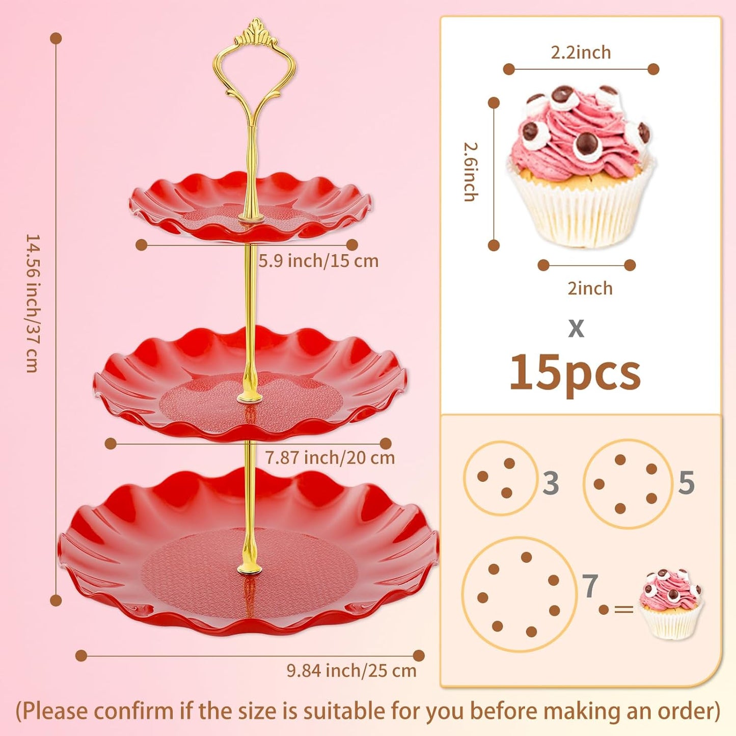 3 Tier Cupcake Stand Holder, Plastic Cup Cake Stand Tower with Tiered Serving Tray for Cupcakes, Donuts, Fruits and More, Red