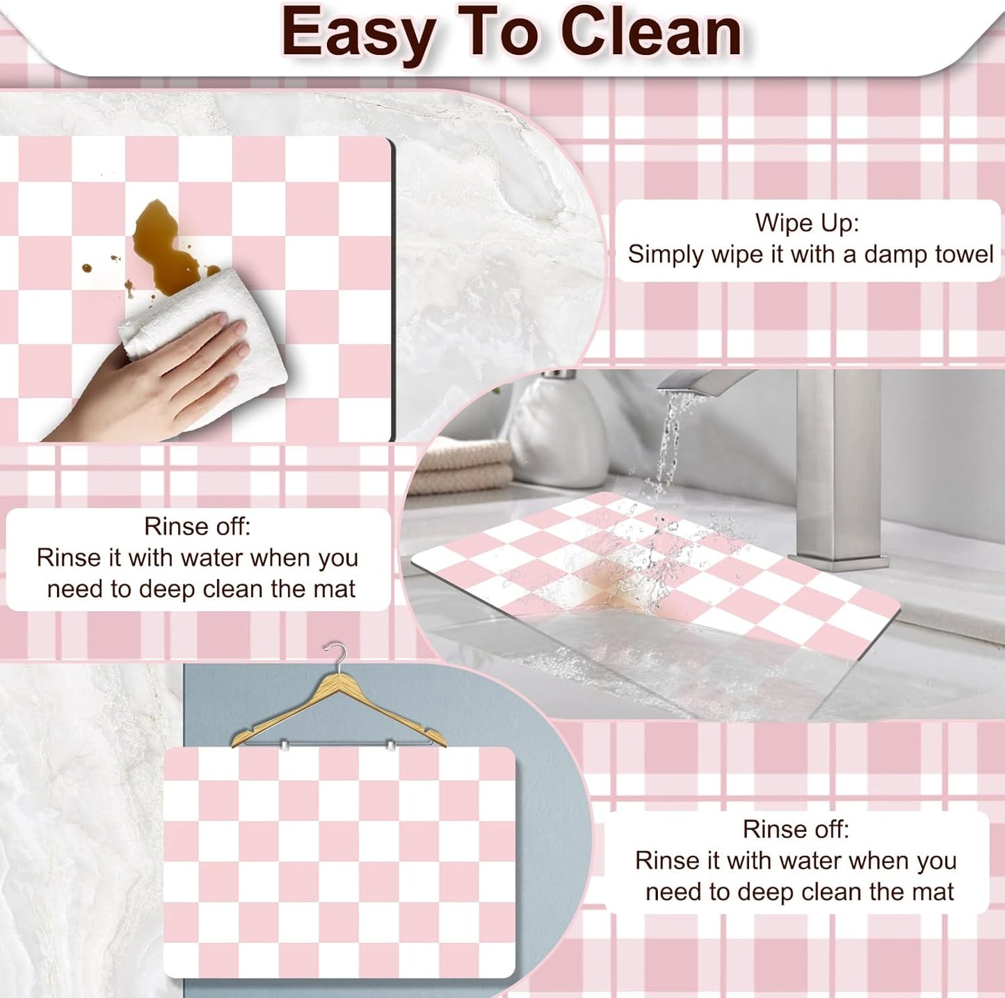 Dish Drying Mat for Kitchen Counter, 16.5’’ X 27.6’’ Checkered Large Coffee Station Mat, Super Absorbent Fit Under Coffee Maker Pad, Espresso Machine Mats, Drainer Mat Easy Clean, Pink & White