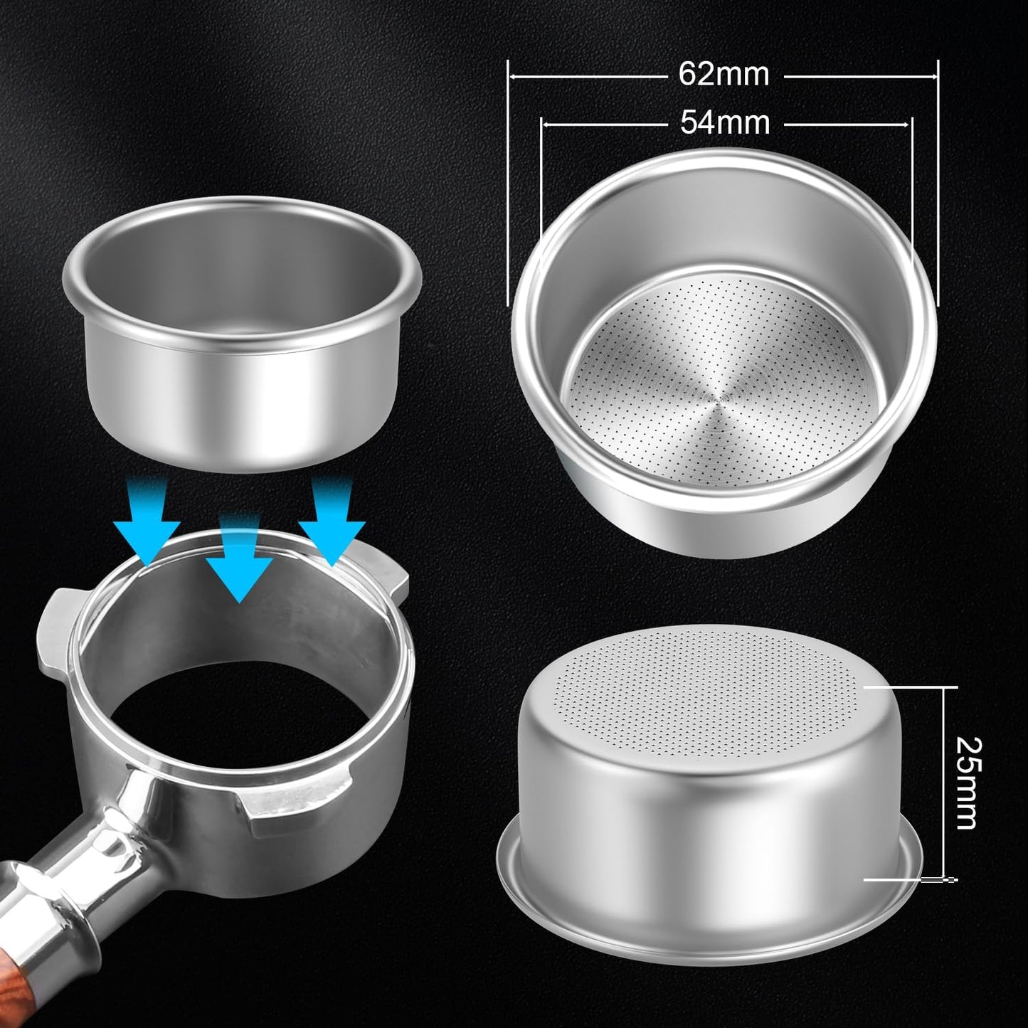 54mm Portafilter Basket Two Cup-Single Wall Filter Basket Stainless Steel Coffee Portafilter Basket Espresso Filter Basket