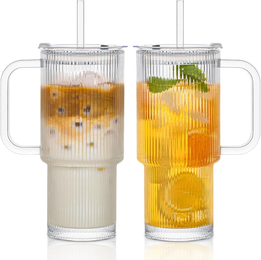 INSETLAN 26oz Ribbed Glass Tumbler with Handle & Lid – 2-Pack Large Iced Coffee Cups with Straws, Modern Glass Mug for Cold & Hot Beverages, Aesthetic Travel Cup for Smoothies, Tea, and Juice