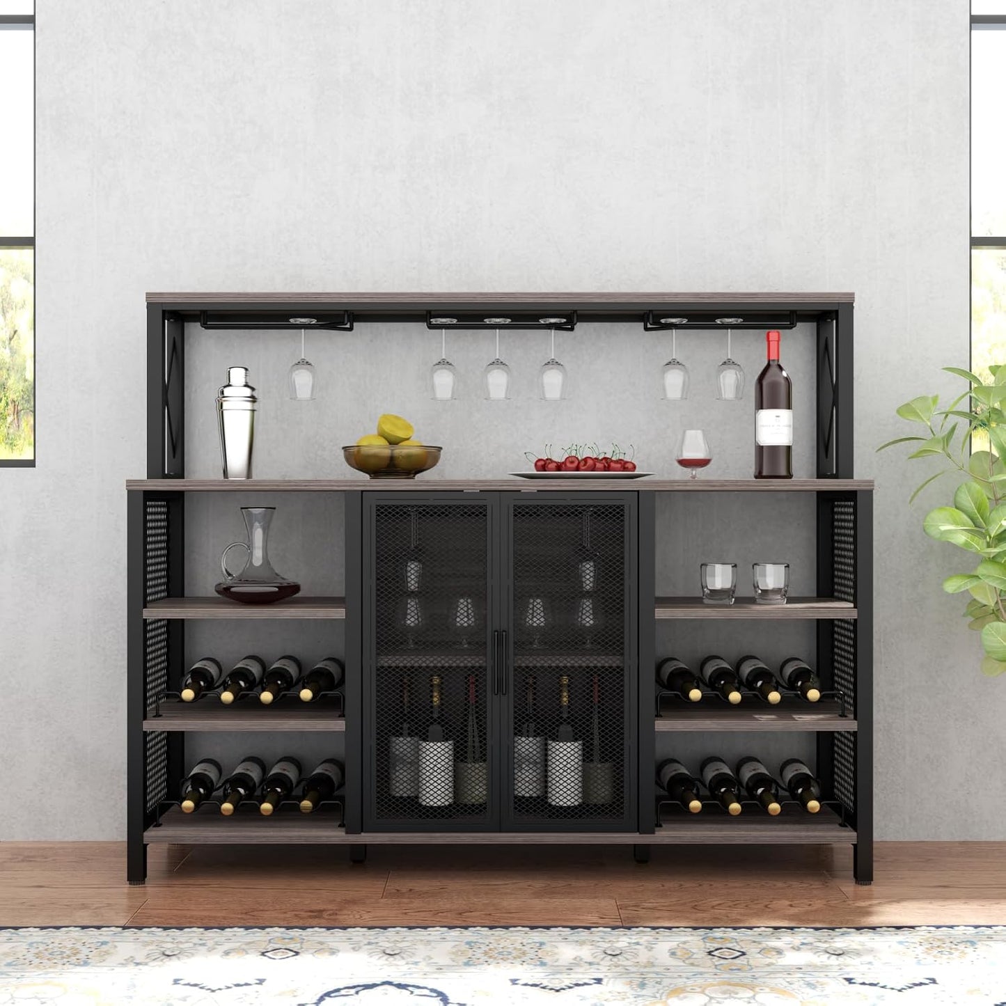 Bar Cabinet, 55 Inches Industry Coffee Bar Cabinet with Wine Rack and Glass Holder, Kitchen Sideboard Buffet Cabinet with Wine Rack Storage for Liquor and Glasses (Rustic Grey)