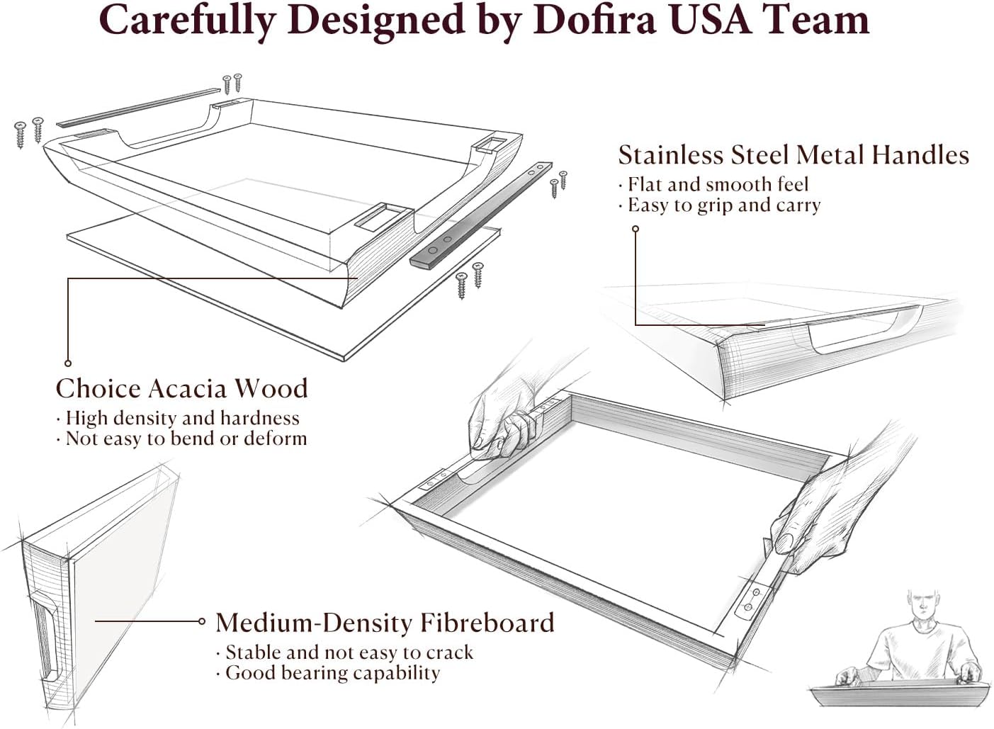 Acacia Wood Serving Tray with Metal Handles, 15x10 Inch Decorative Tray for Coffee Table Ottoman - Rustic Wooden Breakfast & Drink Tray, Farmhouse Centerpiece