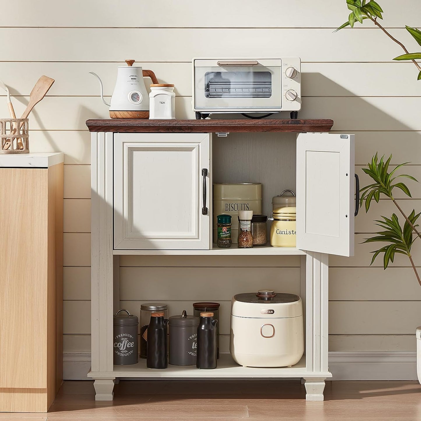 Farmhouse Coffee Bar Station with 2-Door Cabinet, Small Kitchen Cabinet with Open Lower Shelf, Entryway Table with Storage for Dining Room, Kitchen, Hallway, Living Room, White