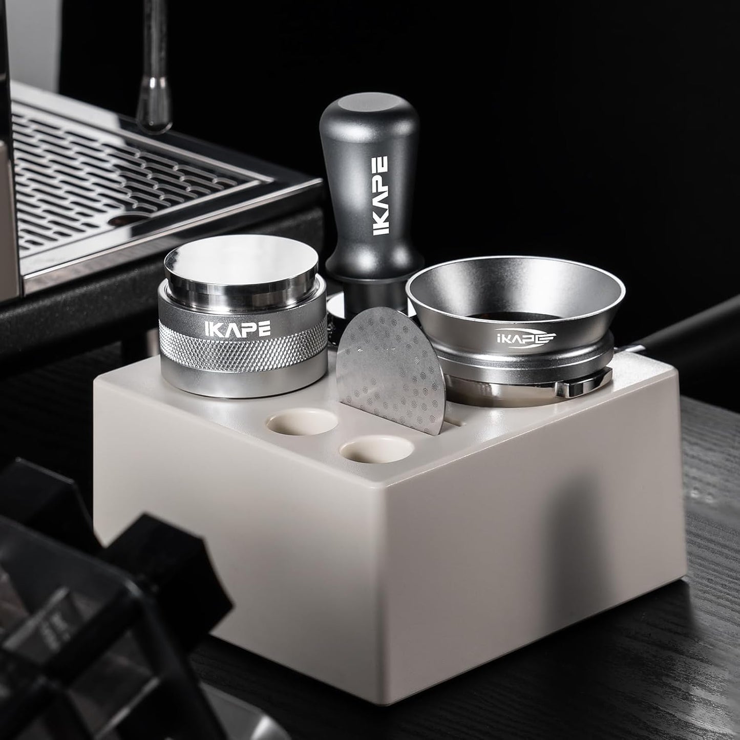 IKAPE 58MM Espresso Tamper Kit Silver 8 IN 1, Coffee Tamper Set comprising a Tamper, Distributor, Magnetic Dosing Funnel, Puck Screen, Station, WDT Tool, along with a Cleaning Towel and Brush
