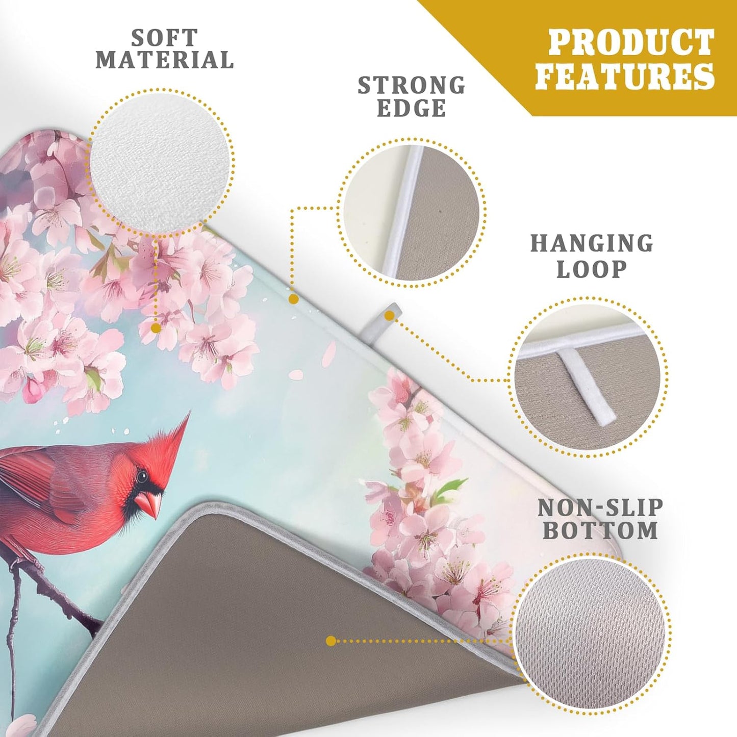 Giwawa Spring Birds Dish Drying Mat, Cherry Blossom Red Birds Dish Drainer Mats for Kitchen Countertop, Watercolor Floral Absorbent Reversible Dish Drying Pad Decor, 18x24inches, Large