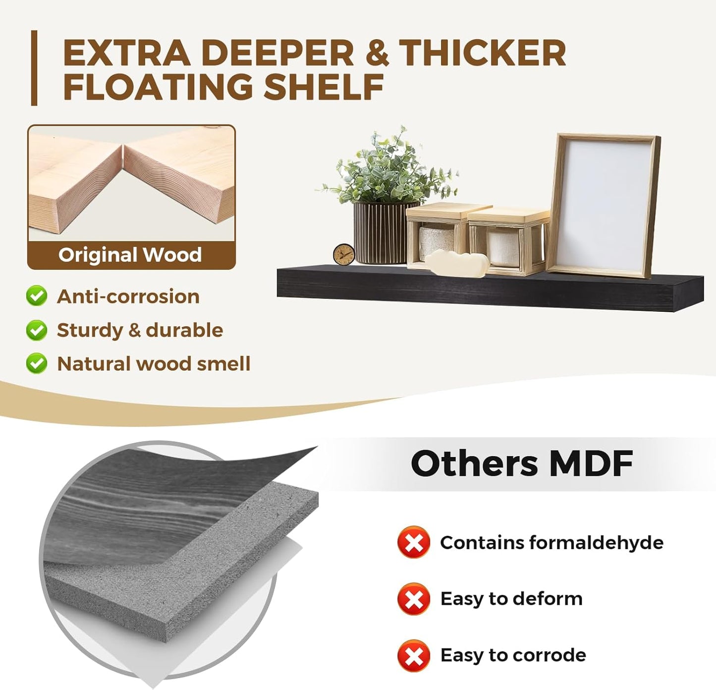 36x8x1.6 inch Floating Shelves Set of 2 – Solid Wood Rustic Black Wall Mounted Shelf for Kitchen, Bathroom, Living Room