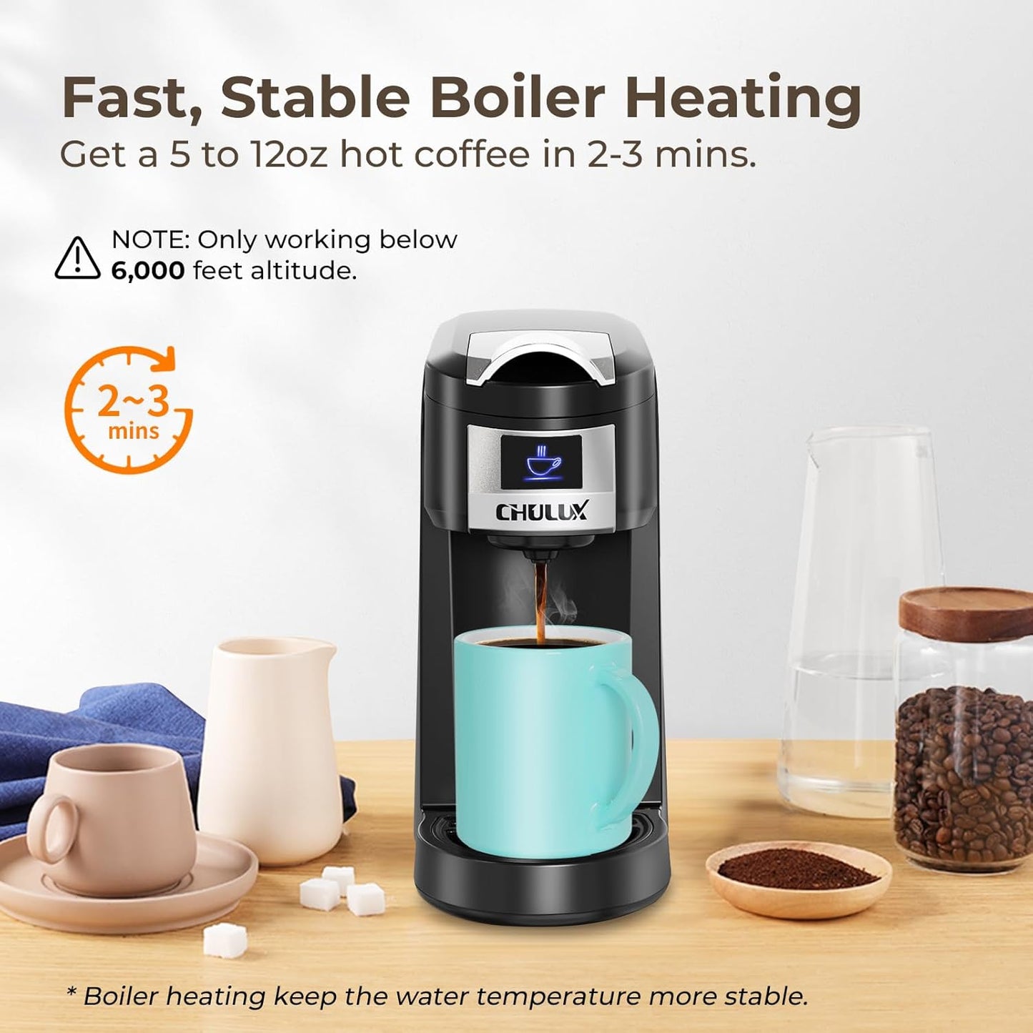 CHULUX Classic Single Serve Coffee Maker for K Cup, One Button Easy Coffee Machine for Office, RV, Travel and Dorm, Black