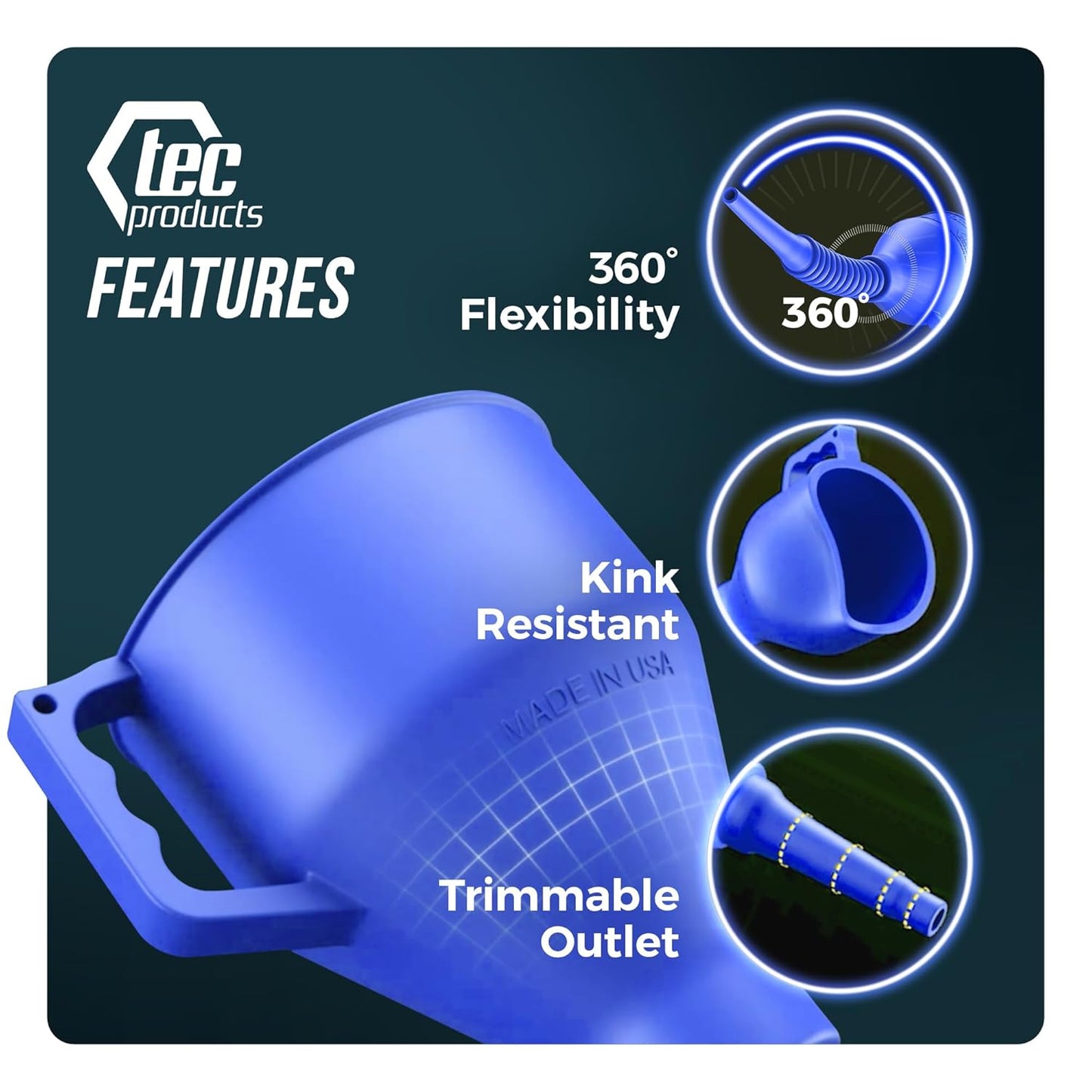 FlexAll Long Flexible Funnel for Automotive Use - Durable Nitrile Rubber - Ideal for Car Oil Change, Transmission Funnel Fluid, Diesel, Fuel, Gas - Made in USA - Blue (16 x 5 Inches)
