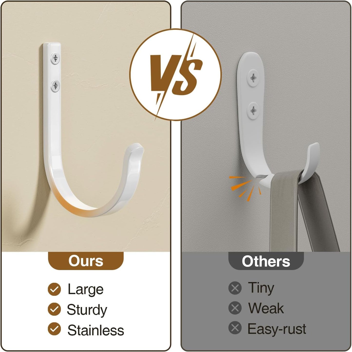 10-Pack Wall Hooks for Towel/Coat - 22LB Heavy Duty Metal Hanger Wall Mount, for Outdoor, Closet, Door, Shelf, Bathroom, for Backpack, Cup, Clothes, Mug, White Matte Screws Included