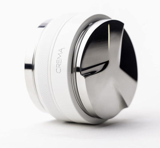 Crema Coffee Products 58.5mm Hand Tamper & Coffee Distributor | Compatible with Breville Portafilters | Double-Sided, Adjustable Depth Tool | Made with Durable 304 Stainless Steel | White