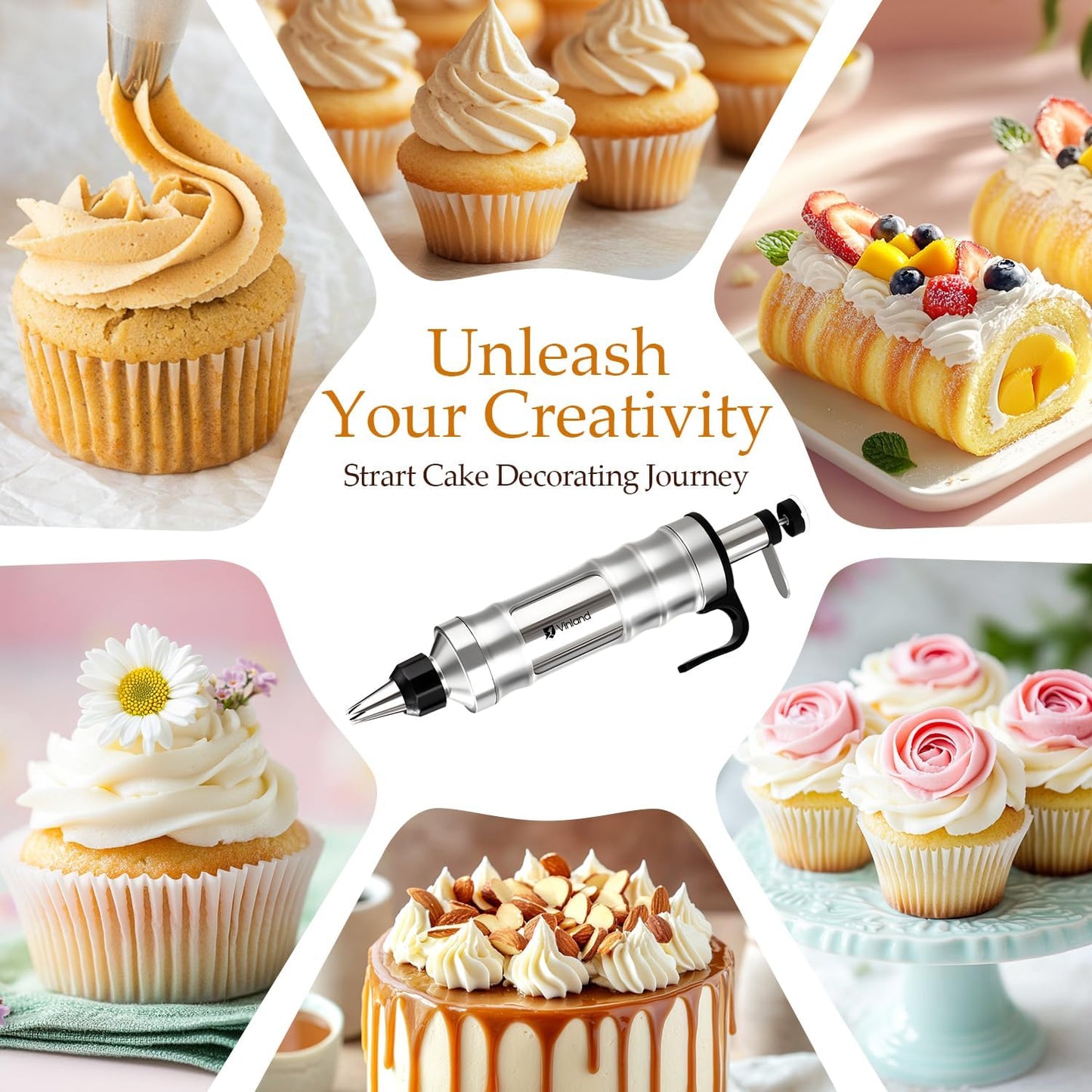 Dessert Decorating Syringe Set Icing Piping Kit Frosting Piping Kit Stainless Steels Cake Decorating Kit with 10 food grade stainless steel piping tips & 50 Disposable Piping Bags Black