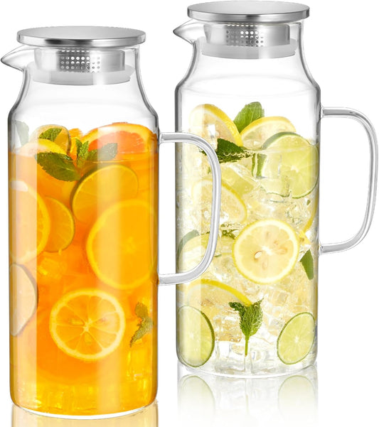 2 Liter 68 oz Glass Pitcher with Lid and Spout, Glass Water Pitcher for Fridge, Glass Carafe for Hot/Cold Water, Large Jug for Iced Tea, Coffee, Juice and Homemade Beverage