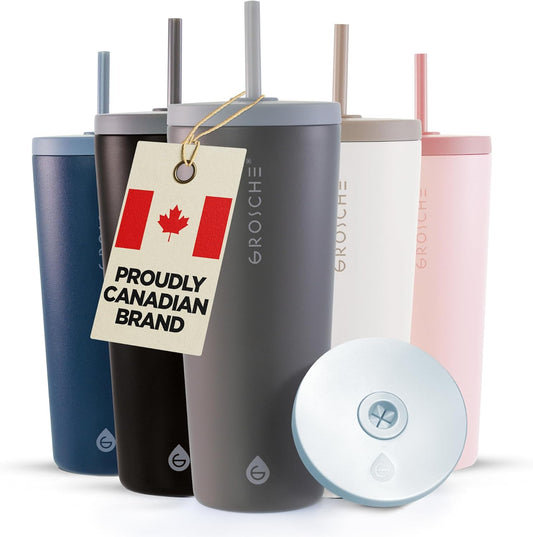 GROSCHE Jasper Insulated Stainless Steel Tumbler With Straw – Travel Cup with Lid, Extreme Insulation & Sleek Design, 23 oz - Grey