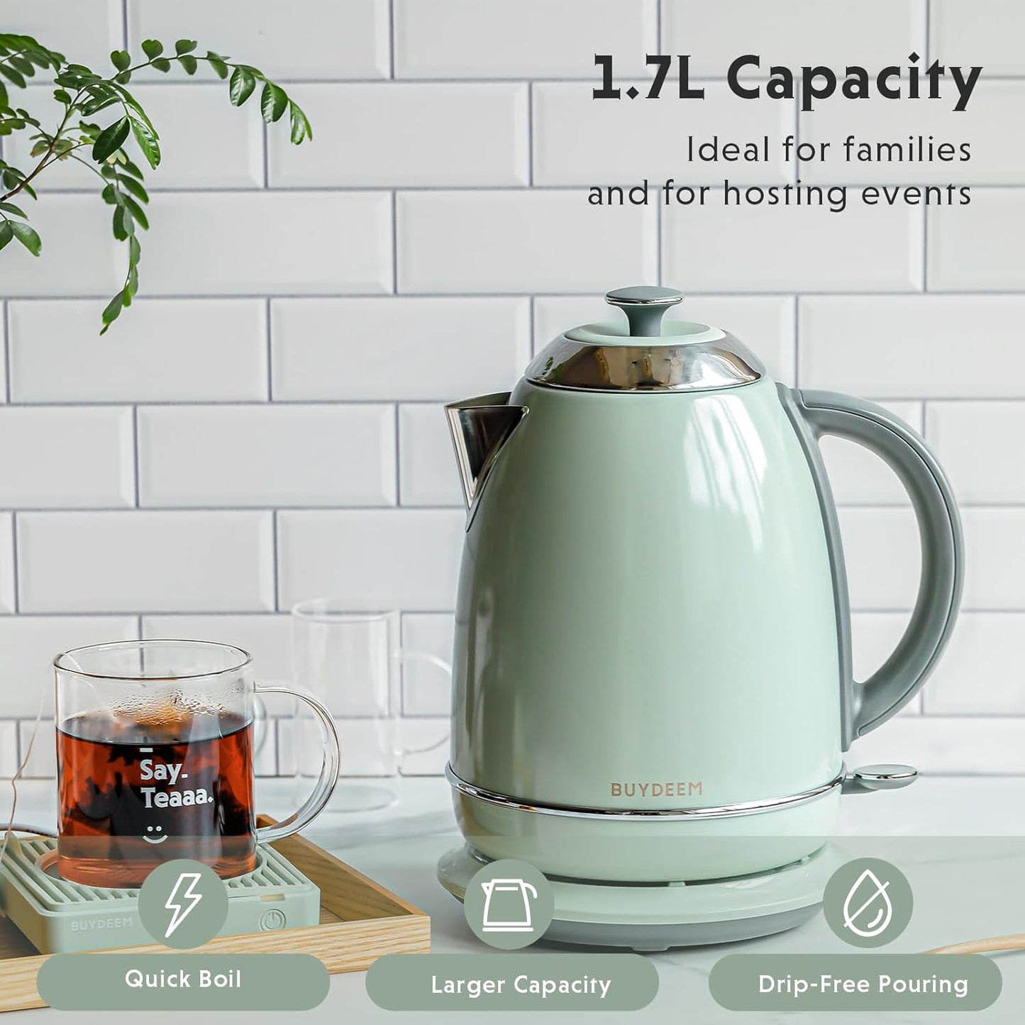 BUYDEEM K640 Stainless Steel Electric Tea Kettle with Auto Shut-Off and Boil Dry Protection, 1.7 Liter Cordless Hot Water Boiler with Swivel Base, 1440W, Cozy Greenish