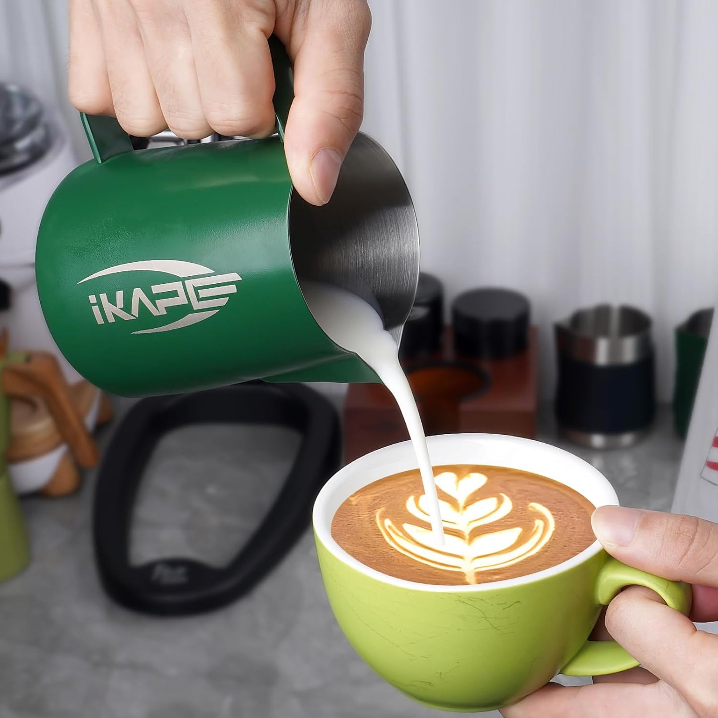 IKAPE Espresso Milk Pitcher, Espresso Steaming Pitcher with Sharp Spout for Espresso Barista Tool, 15.4 oz/450ml Milk Frothing Jug (Green)