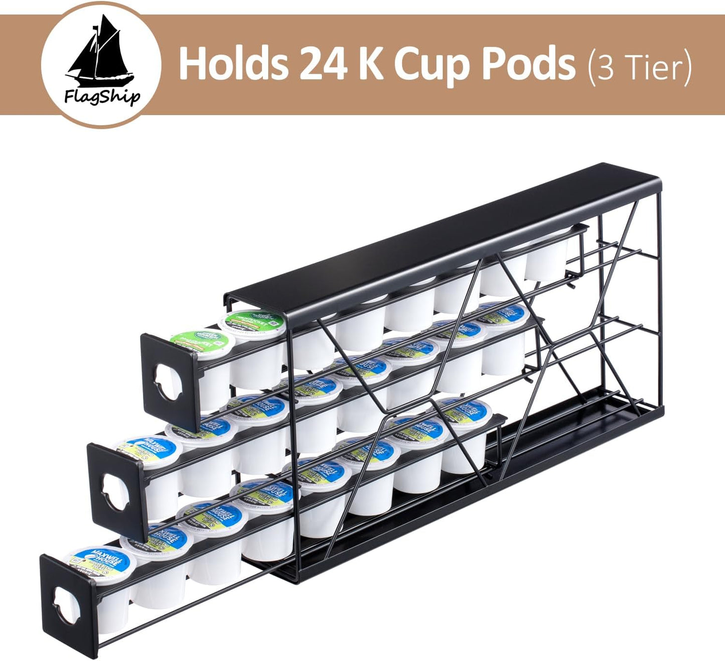 Flagship K Cup Holder Drawer 3 Tier Coffee Pod Holder for K Pod Save Space Countertop Kitchen (24 Pods Capacity)