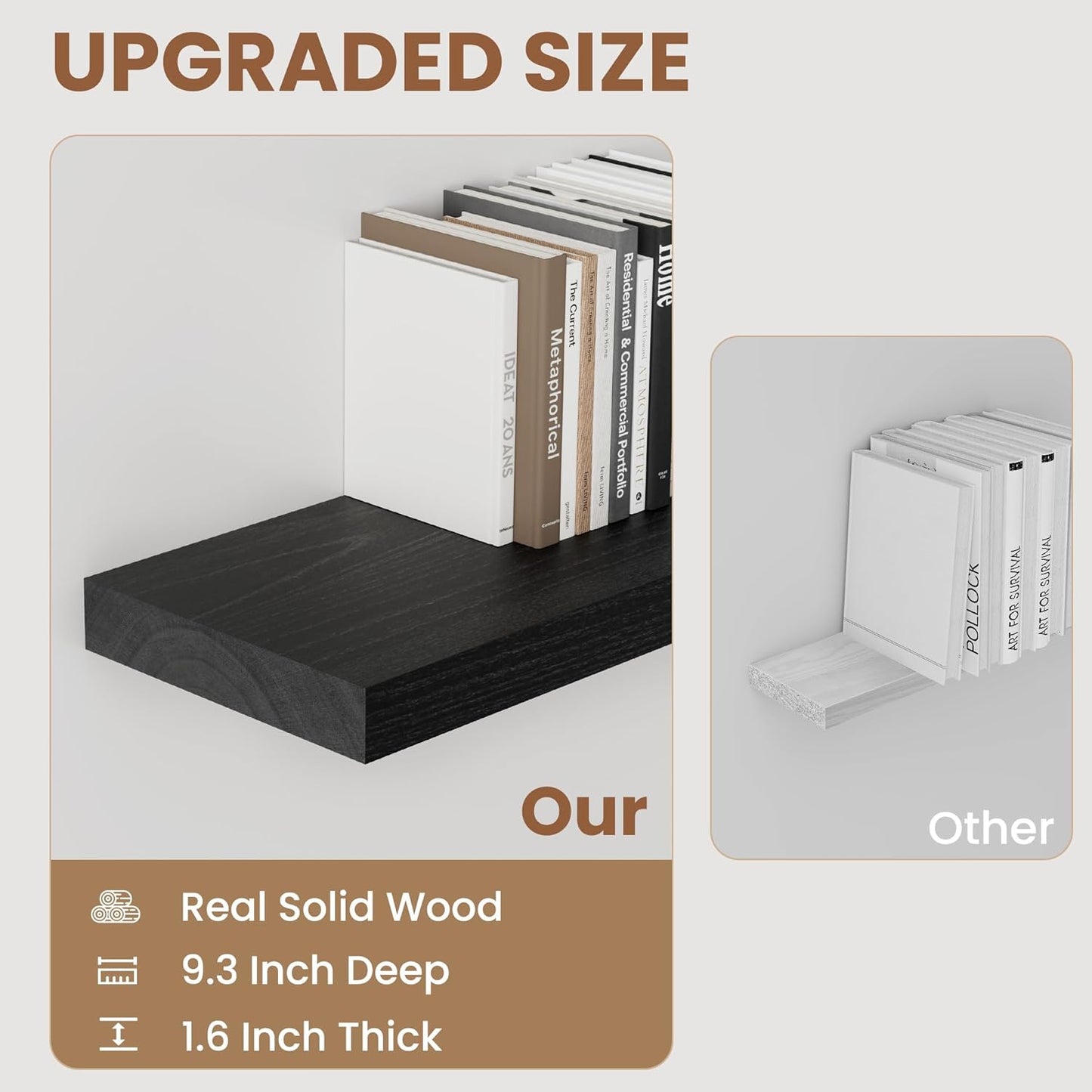 Fun Memories 48" Black Floating Shelves, 9.3 Inch Deep Floating Shelves for Wall, Rustic Wooden Wall Shelves for Home Decor, Large Fireplace Mantel for Storage, Deep Floating Shelf Set of 1