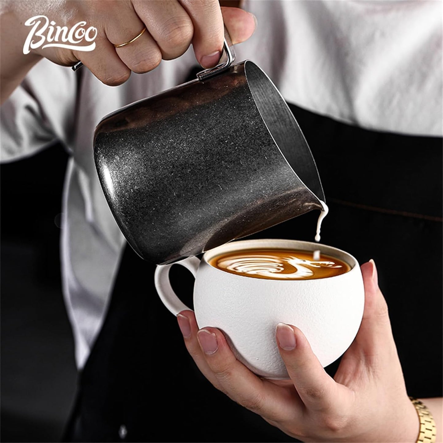 Bincoo Milk Frother Pitcher 500ml(17oz) - Stainless Steel Barista Milk Frothing Cup with Ice Crystals Design - Professional Espresso & Cappuccino for Coffee Machine,Latte Art