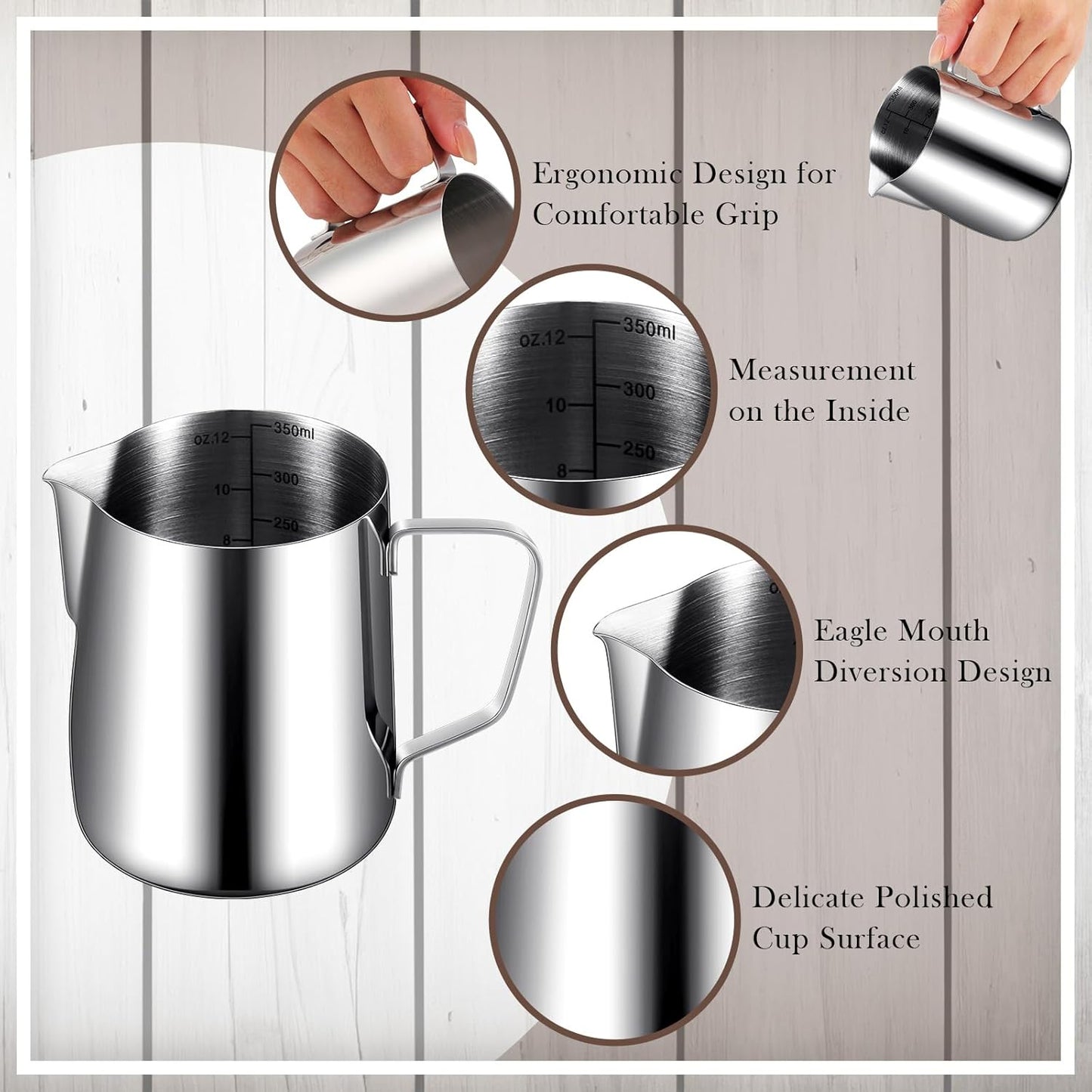 Dandat 6 Pcs Milk Frothing Pitcher Espresso Steaming Pitchers 12 Oz Stainless Steel Milk Steamer Cup Frother Jug for Espresso, Latte Art, Chai Cappuccino Hot Chocolate