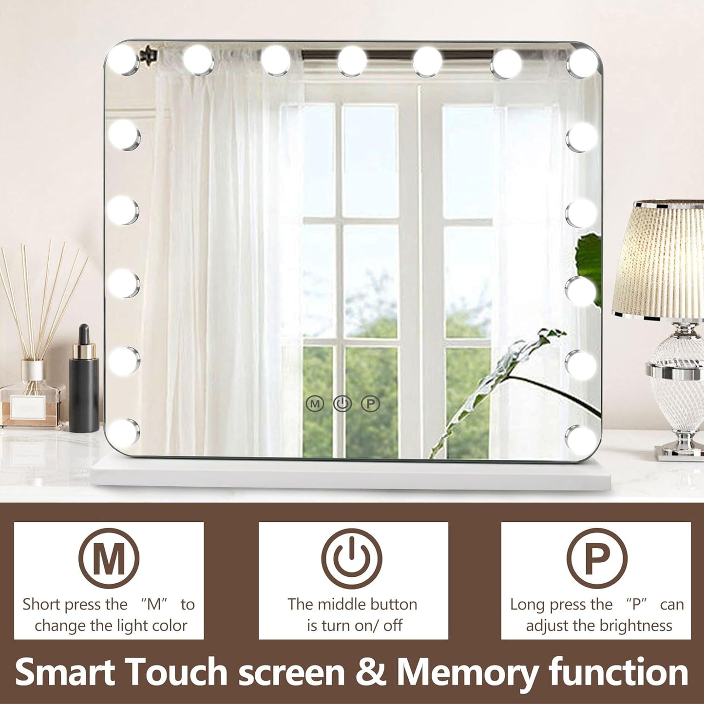 Hollywood Vanity Mirror with Lights, 17 Dimmable LED Bulbs 3 Color Lighted Makeup Mirror with Detachable 10X Magnification Mirror, Tabletop or Wall-Mounted, Touch Control