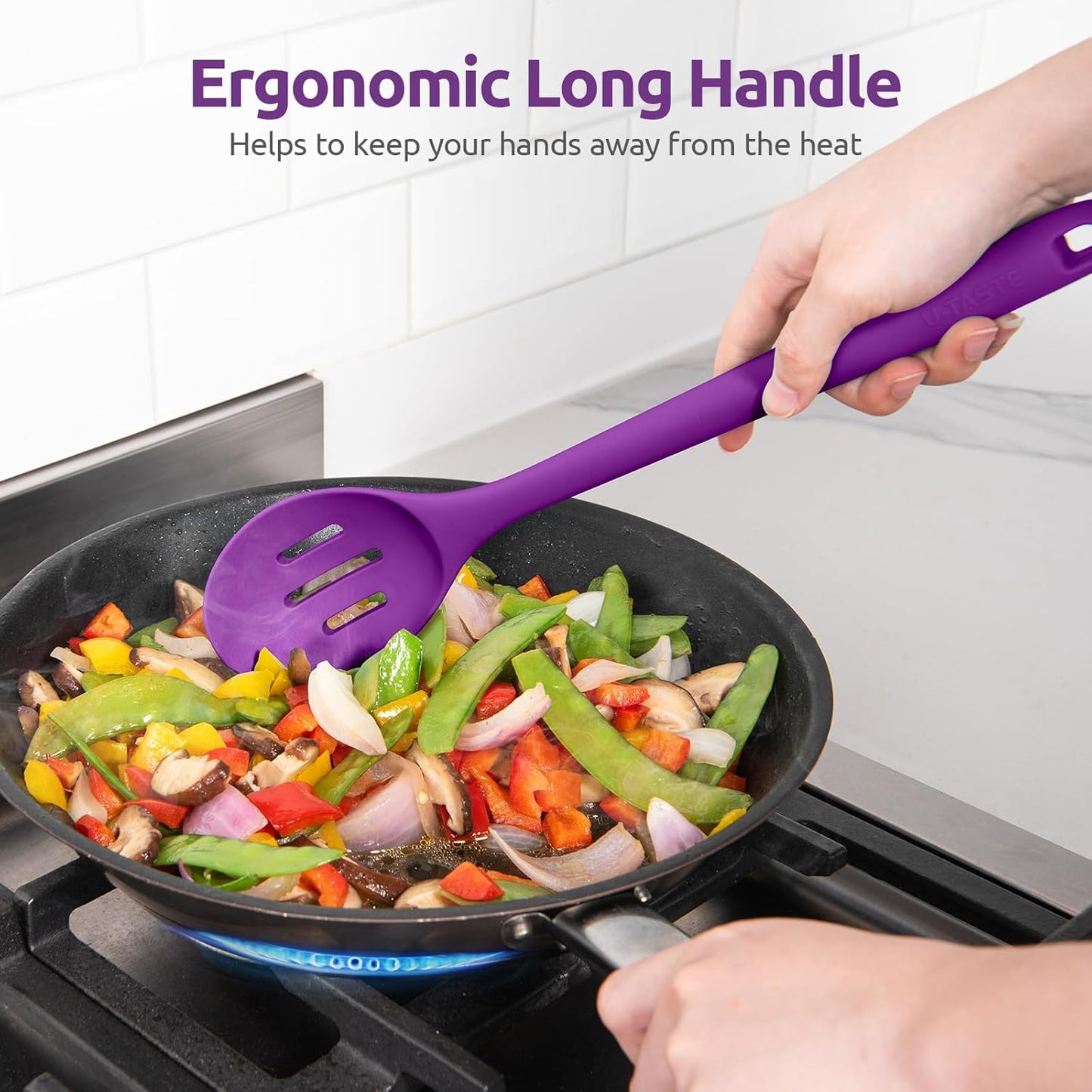 600ºF Heat Resistant Silicone Spoons: U-Taste 13.3in Solid & Slotted Kitchen Cooking Spoon, Nonstick Food Grade Long Rubber Utensil, Sturdy for Mixing, Serving, Frying, Draining (Purple, 2PCS)