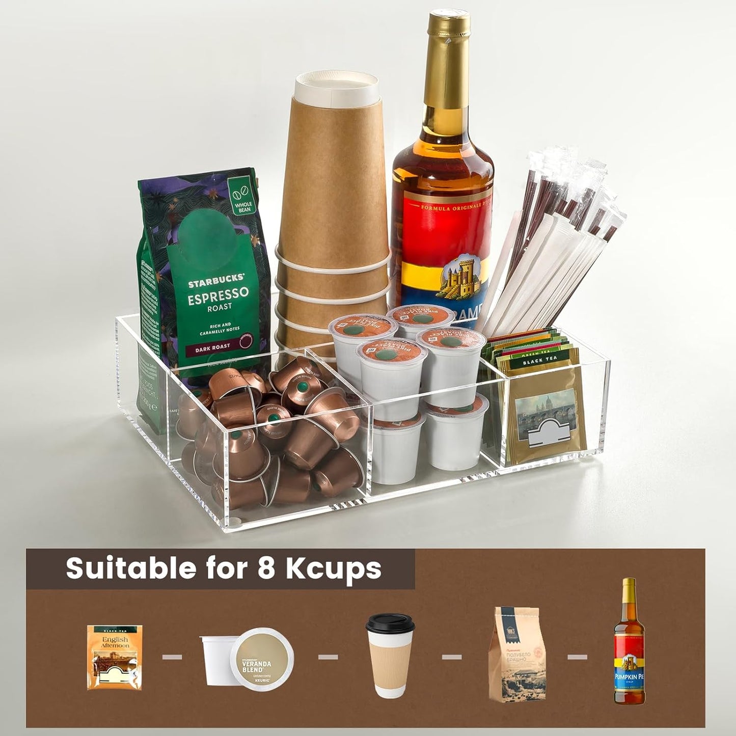 BEYGORM Acrylic Coffee Bar Station Organizer for Countertop,Office Breakroom Clear Snack Tea Storage Accessories Holder for Kcup Pod Condiment Cup Sugar Creamer Syrup, Gift for Coffee Lovers
