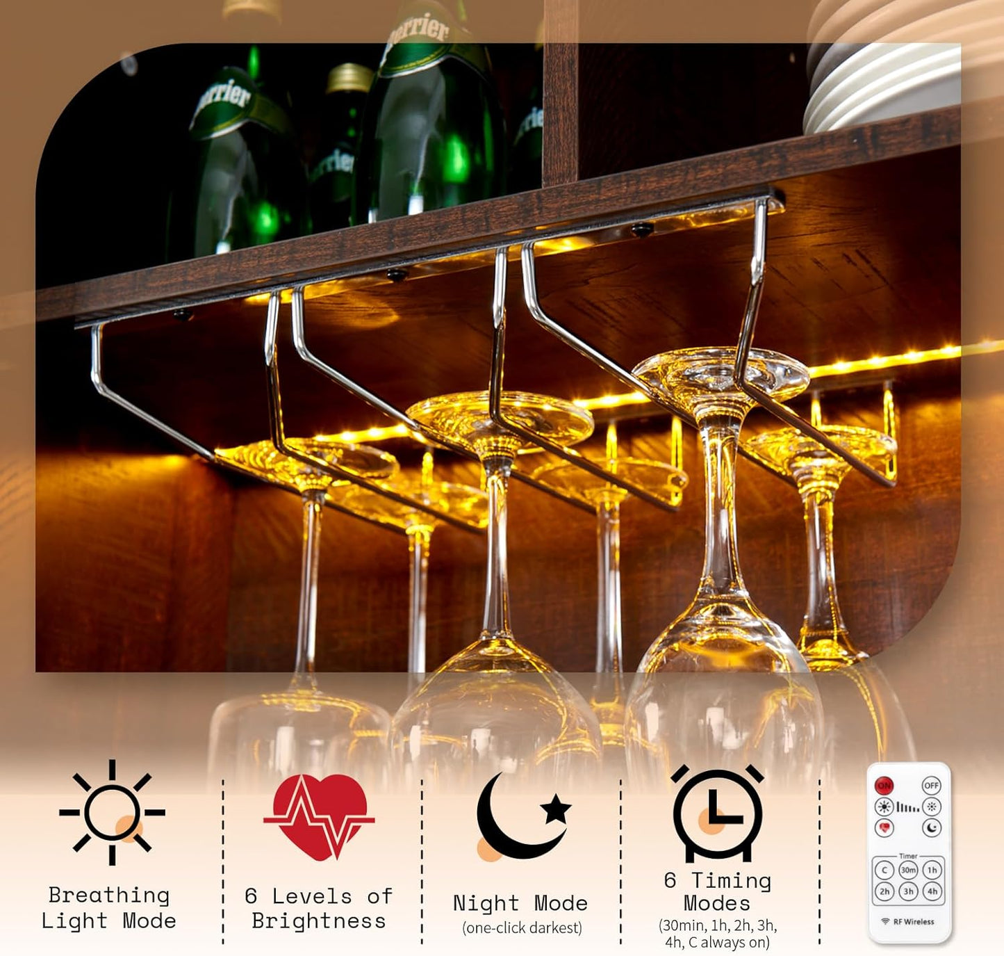 AMERLIFE 72'' Coffee Wine Bar Cabinet with Sliding Barn Door, Farmhouse Kitchen Sideboard, Buffet Storage Table, Wine Glass Racks, 3 Drawers, LED Lights, Tall Hutch Home Bar for Dining Room Brown