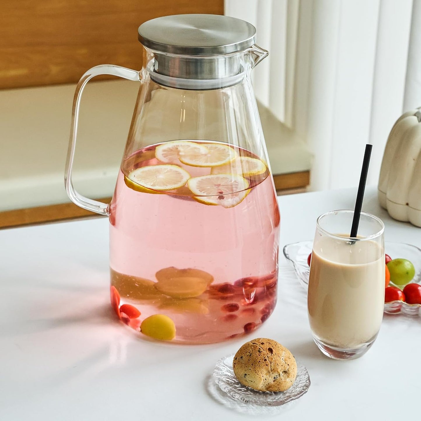 Glass Pitcher with Lid,1 Gallon Glass Water Pitcher Hot/Cold Water Jug, Juice and Iced Tea Beverage Carafe with Lid (Extra-Wide Mouth)