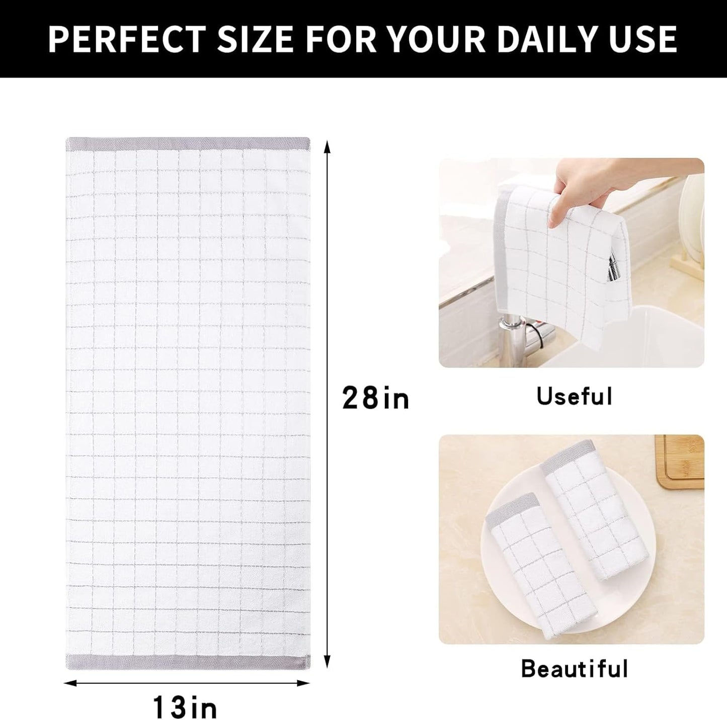 Homaxy 100% Cotton Terry Kitchen Towels(White and Light Grey, 13 x 28 Inches), Checkered Designed, Soft and Super Absorbent Dish Towels, 8 Pack