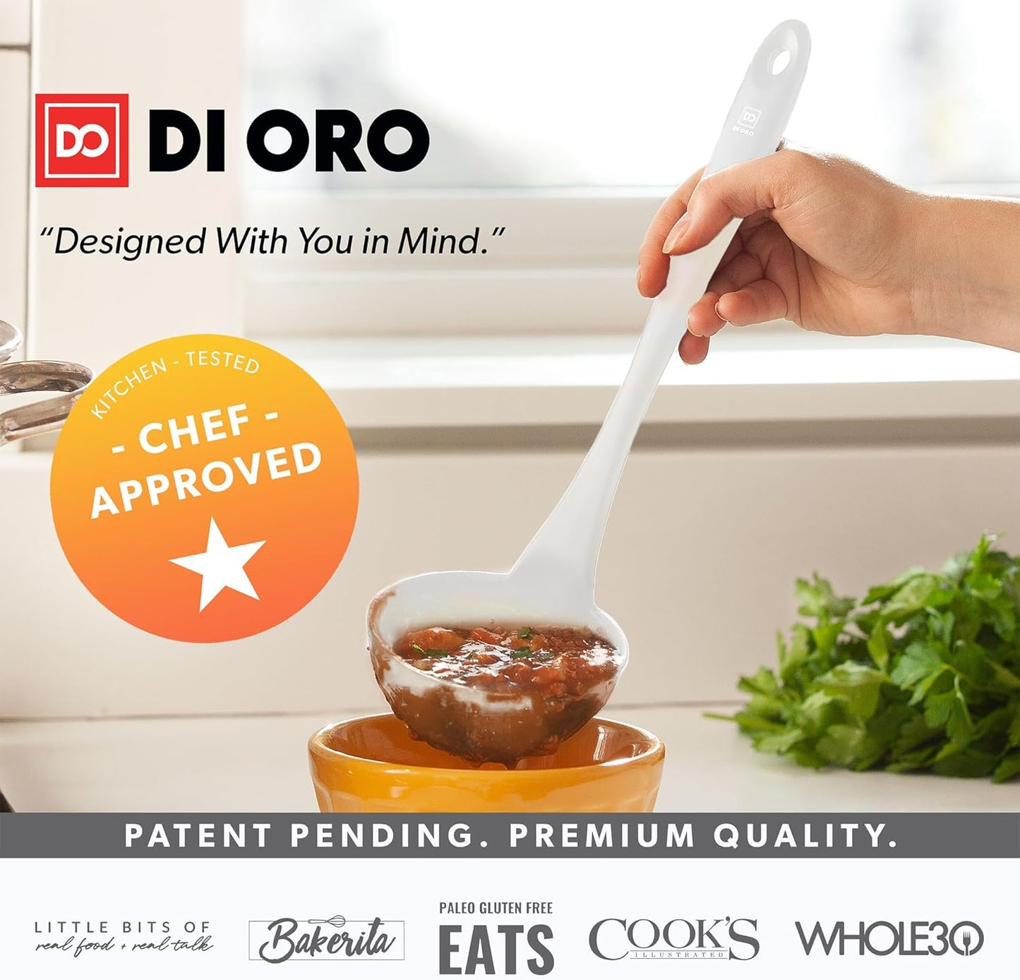 DI ORO Silicone Ladle – Soup Ladle for Cooking & Serving Heat-Resistant - Large Kitchen Soup Ladle Nonstick Cookware Safe - Soup Serving Spoon with Wide Bowl - Silicone Utensil Dishwasher Safe (Stone)